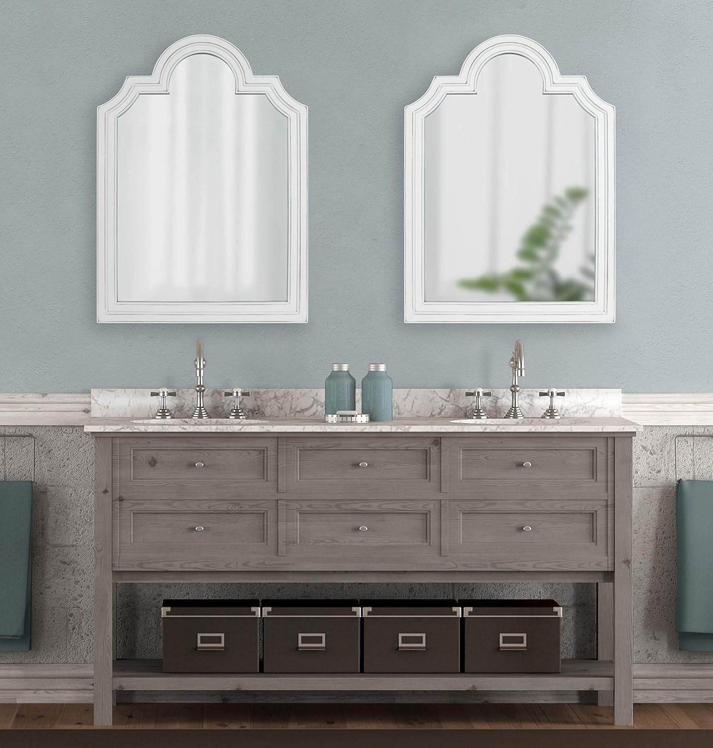 Kate and Laurel Sindahl Rustic Wood Framed Arch Wall Mirror, 26 x 35, Distressed White, Moroccan-Inspired Accent