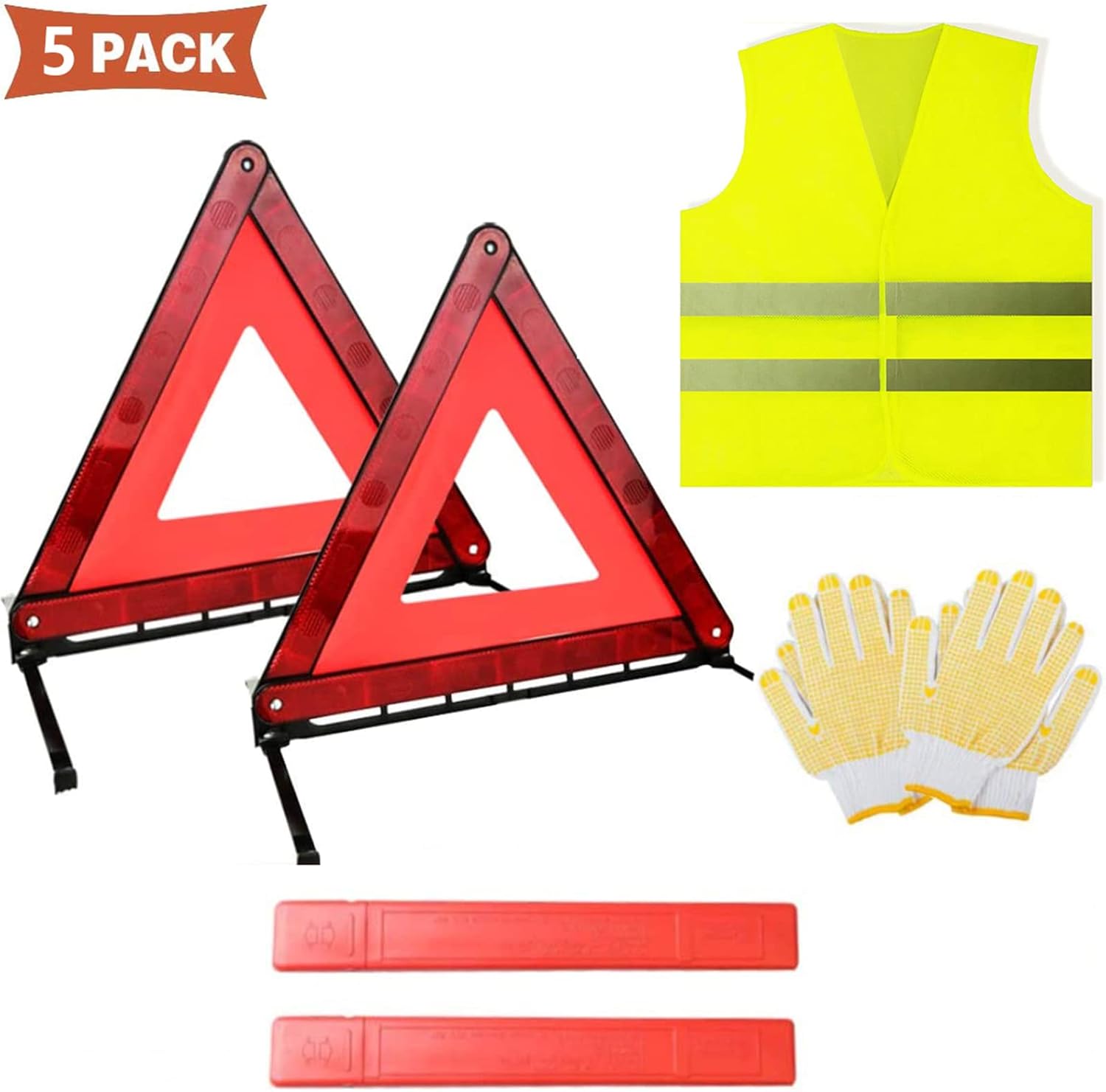 5 Pack Visibility Car Emergency Roadside Kit Safety Triangle Warning Kit Car Roadside Emergency Kit with Reflective Warning Triangle Visibility Roadside Vest Storage Bag and Glove for Car Trucks