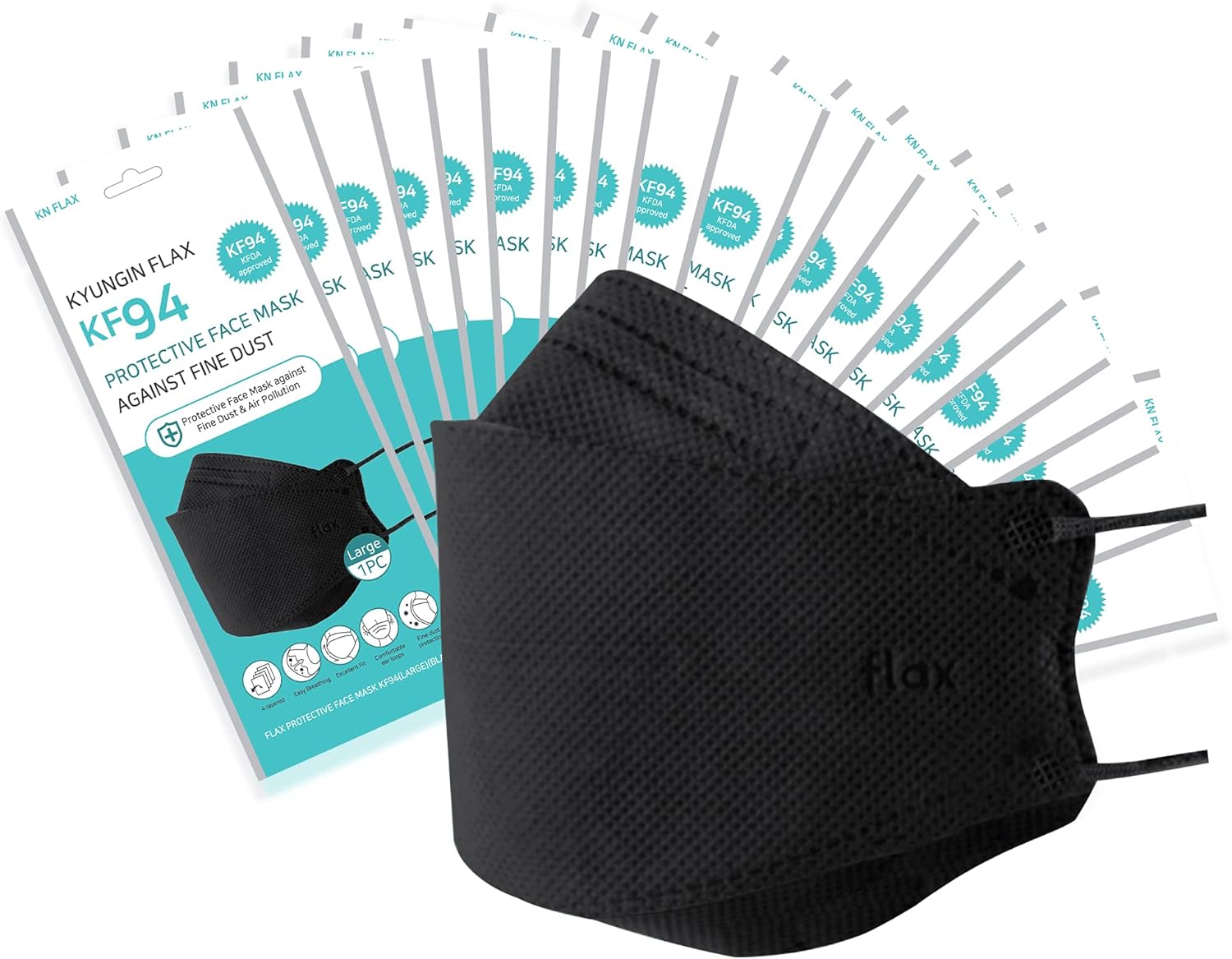 [40Packs] KF94 - Face Protective Mask for Adult (Black) [Made in Korea] [40 Individually Packaged] KN FLAX Premium KF94 Certified Face Safety Black Dust Mask for Adult [English Packing]