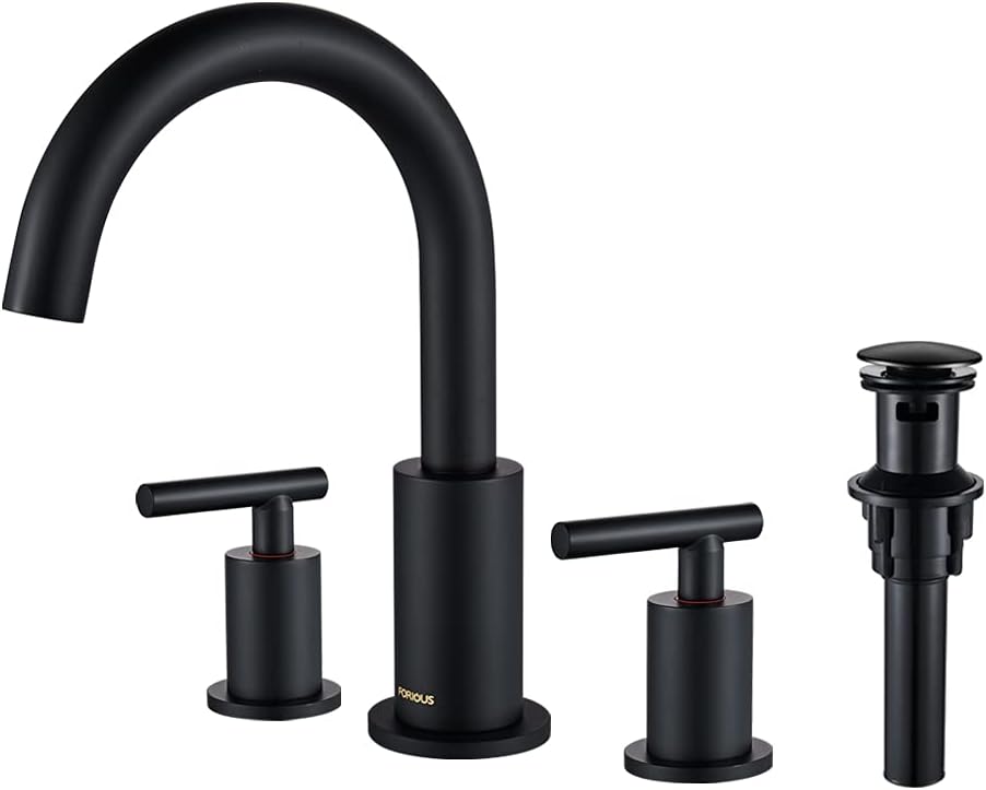 FORIOUS Two Handle High Arc Widespread Bathroom Sink Faucet 3 Hole with Pop-Up Drain and Water Supply Lines, Matte Black