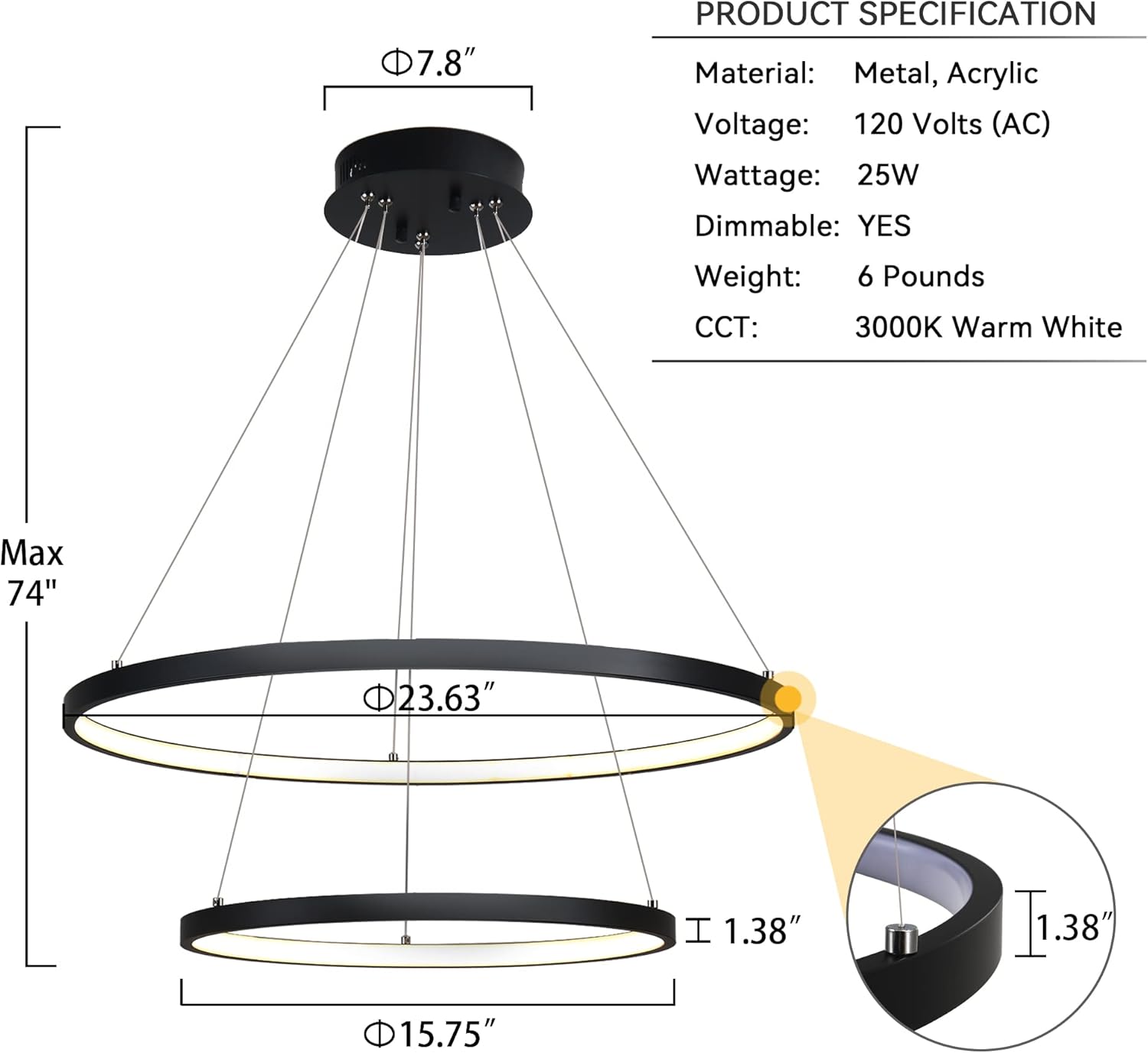 Huaguang Modern Dimmable Pendant Light, 2 Ring Black LED Chandelier Lighting with Remote Control for Bedroom Kitchen Island Living Room Dining Room Foyer (3000K Warm White)