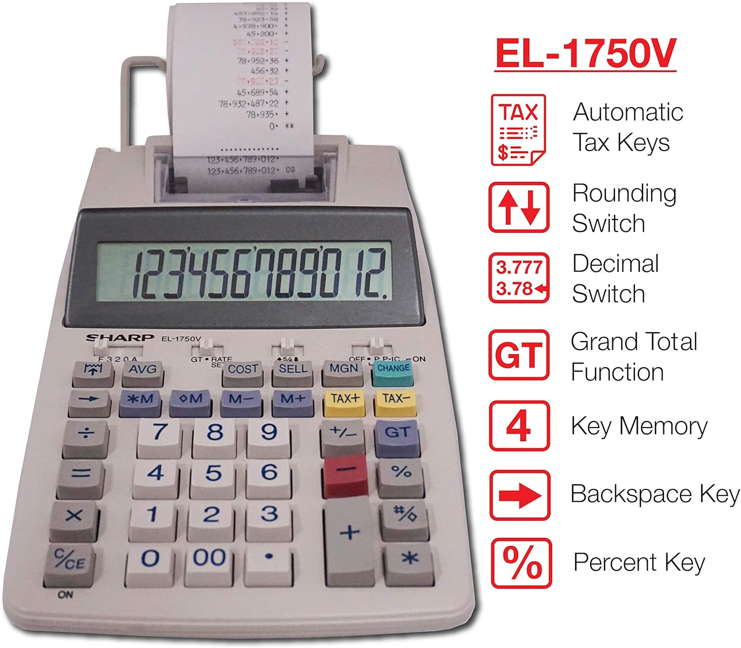 Sharp EL-1750V Two-Color Printing Calculator 2 Lines/Sec 3