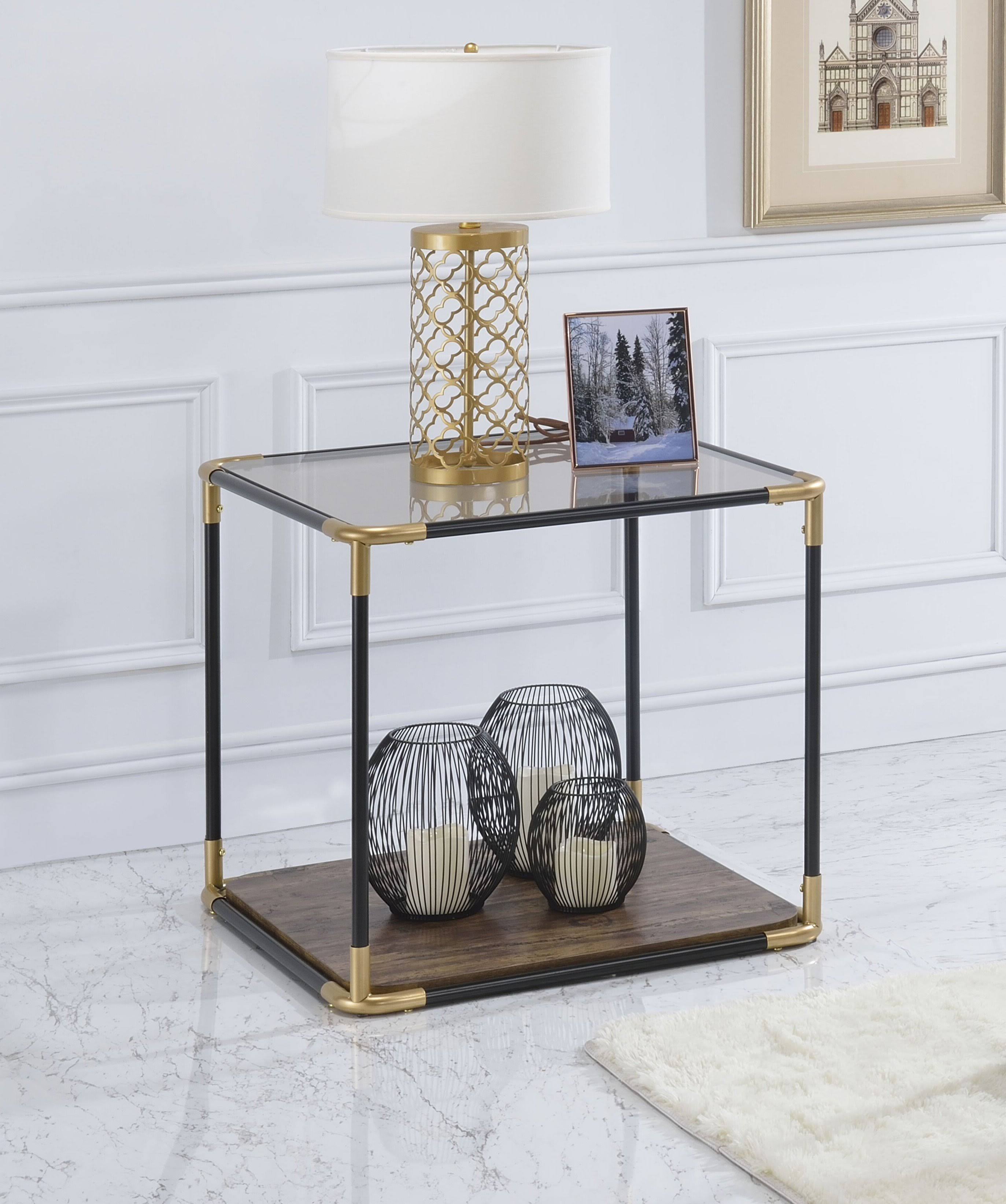 Acme Heleris End Table, Black/Gold u0026 Smoky Glass