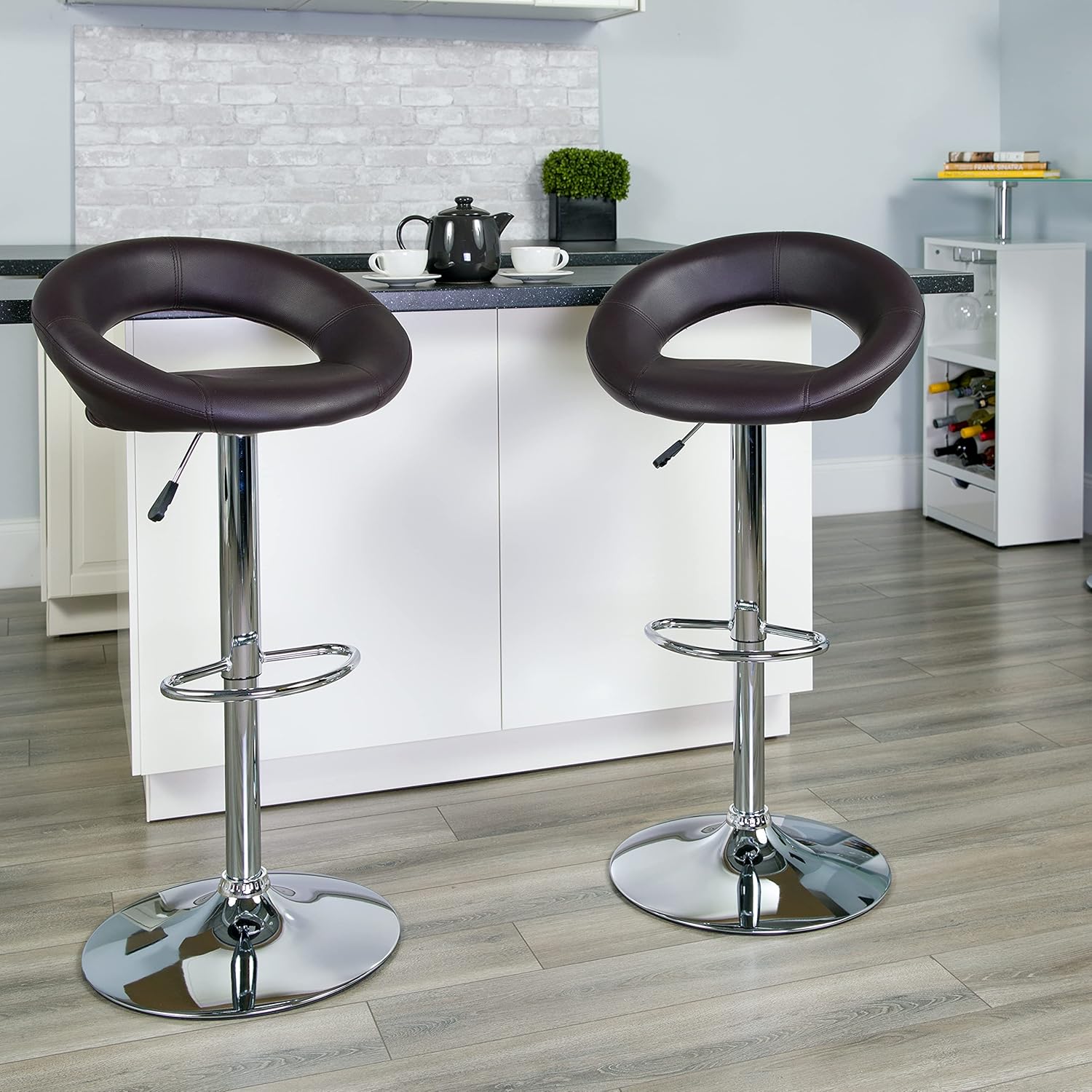 Flash Furniture 2 Pack Contemporary White Vinyl Rounded Orbit-Style Back Adjustable Height Barstool with Chrome Base