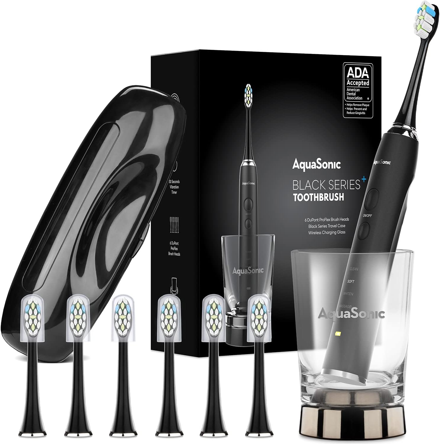 AquaSonic Black Series+ - Ultra Whitening 40,000 VPM Rechargeable Electric Toothbrush – ADA Accepted - Wireless Charging Glass - 6 Proflex Brush Heads & Travel Case – 4 Modes & Smart Timer -Sonic Pack of 2