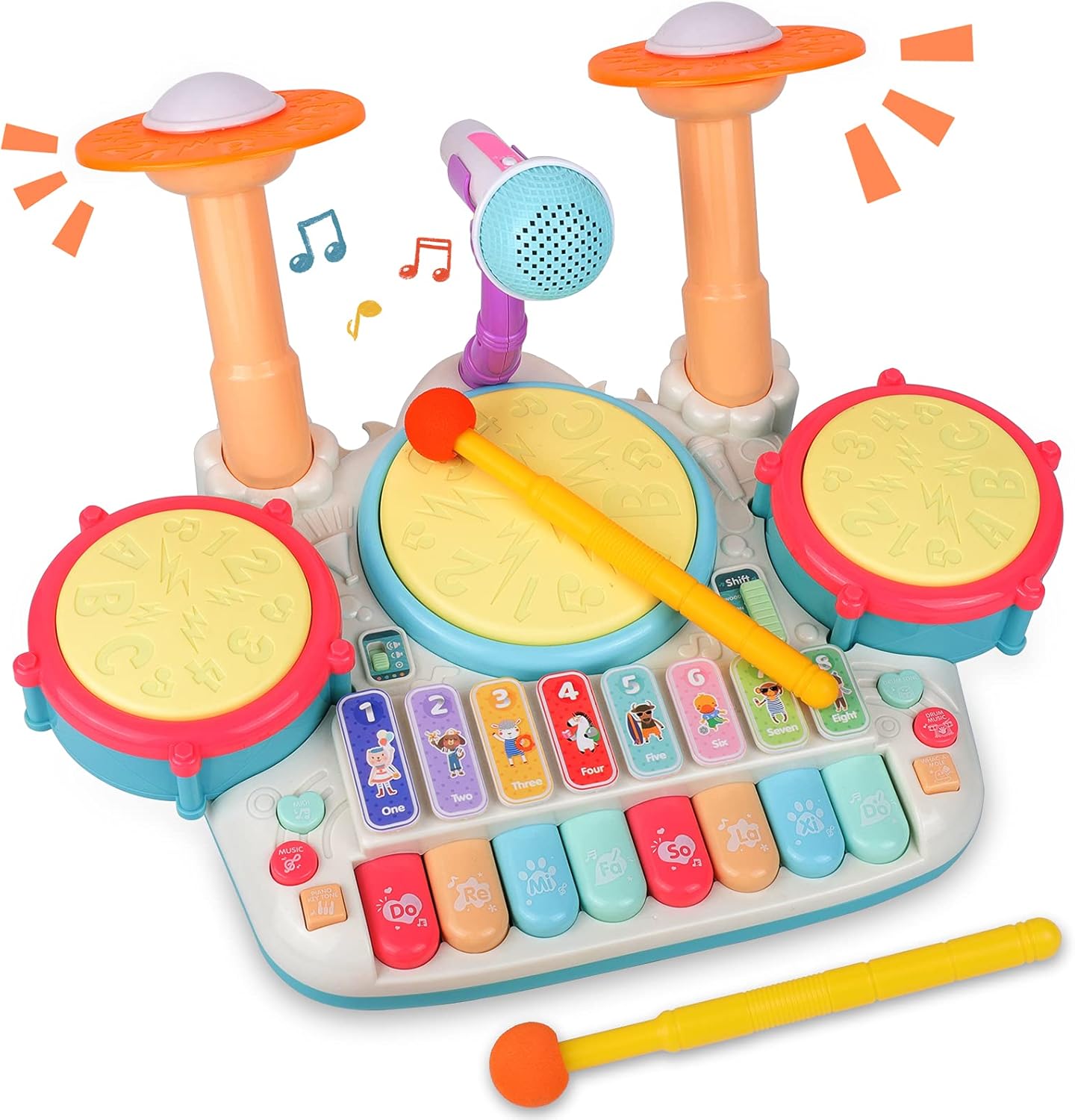 Rabing Baby Musical Instruments Toys, 5 in 1 Toddler Drum & Piano Set, Kids Electronic Piano Keyboard Xylophone Drum Toys Set with Microphone & Lights, Learning Toys Gift for Baby 1 2 3 Years Old Pack of 2