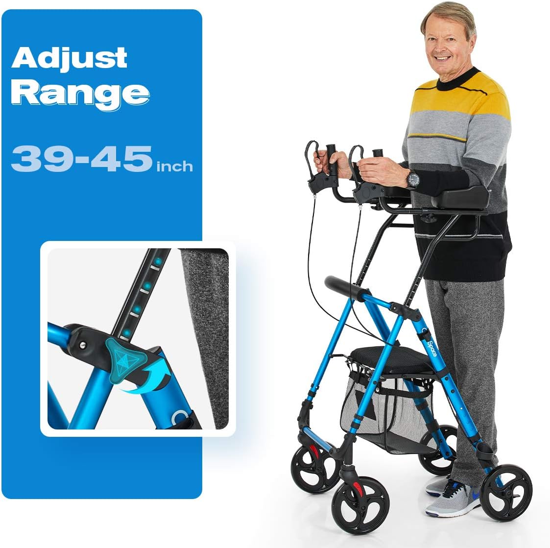 OasisSpace Up Rollator with Armrest，Upright Walker with Padded Armrest and Seat, Large Under-seat Basket for Seniors