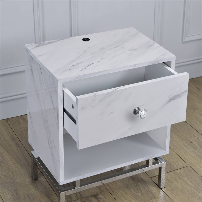 Furniture of America Lyn Contemporary Wood 1-Drawer End Table in White Marble - IDF-AC319WH