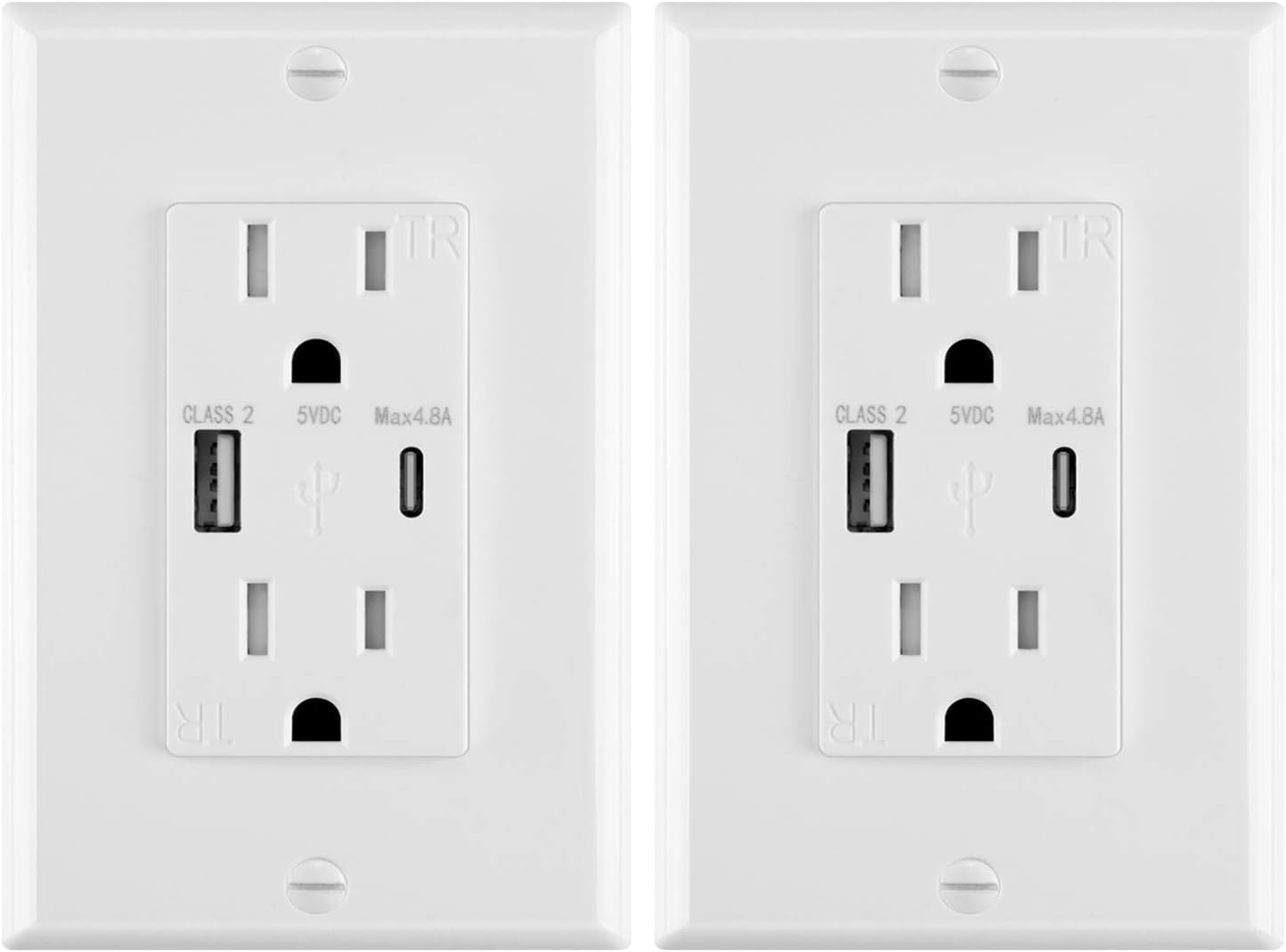 USB Type-C Charger Wall Outlet 4.8A Dual High-Speed Duplex 15-Amp Tamper Resistant Receptacle, Wall Plate Included,ETL Listed (4-Pack(Type C/USB), White) Pack of 2