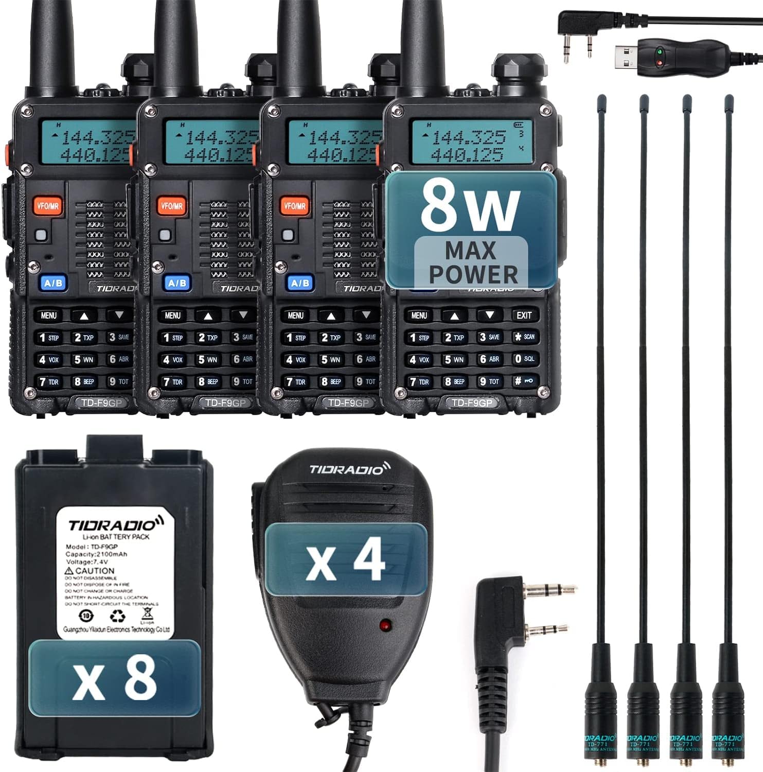 TIDRADIO TD-F9GP Ham Radio Handheld Upgraded UV5R High Power Radio 144-148/420-450Mhz 2 Way Radio with Driver Free Programming Cable(4Pack-Black)