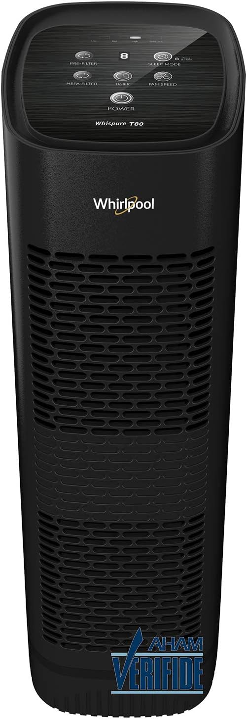 Whirlpool Whispure WPT80B, True HEPA Purifier, Activated Carbon Advanced Anti-Bacteria, Ideal for Allergies, Odors, Pet Dander, Mold, Smoke, Smokers, and Germs, Large, Black