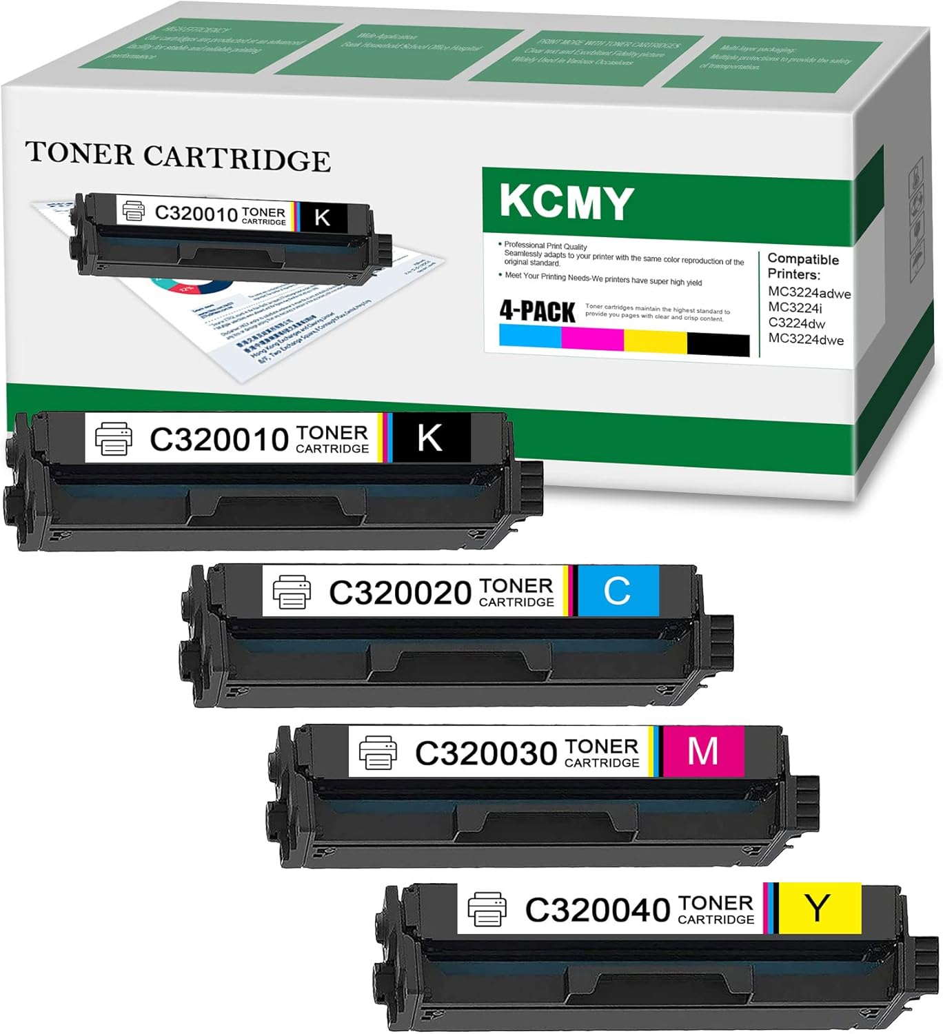 Smart C320010 C320020 C320030 C320040 Compatible (4 Pack, 1BK+1C+1M+1Y) Remanufactured Toner Cartridge Replacement for Lexmark MC3224adwe MC3224i C3224dw MC3224dwe Printers Toner Cartridge