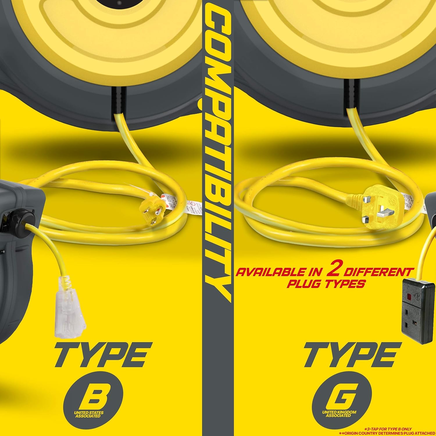 ReelWorks Extension Cord Reel Retractable 12AWG x 50' Foot 3C/SJTOW Glow Strip Cable and Lightup Triple Tap Connector Advanced Slow Retraction Technology (SRT)