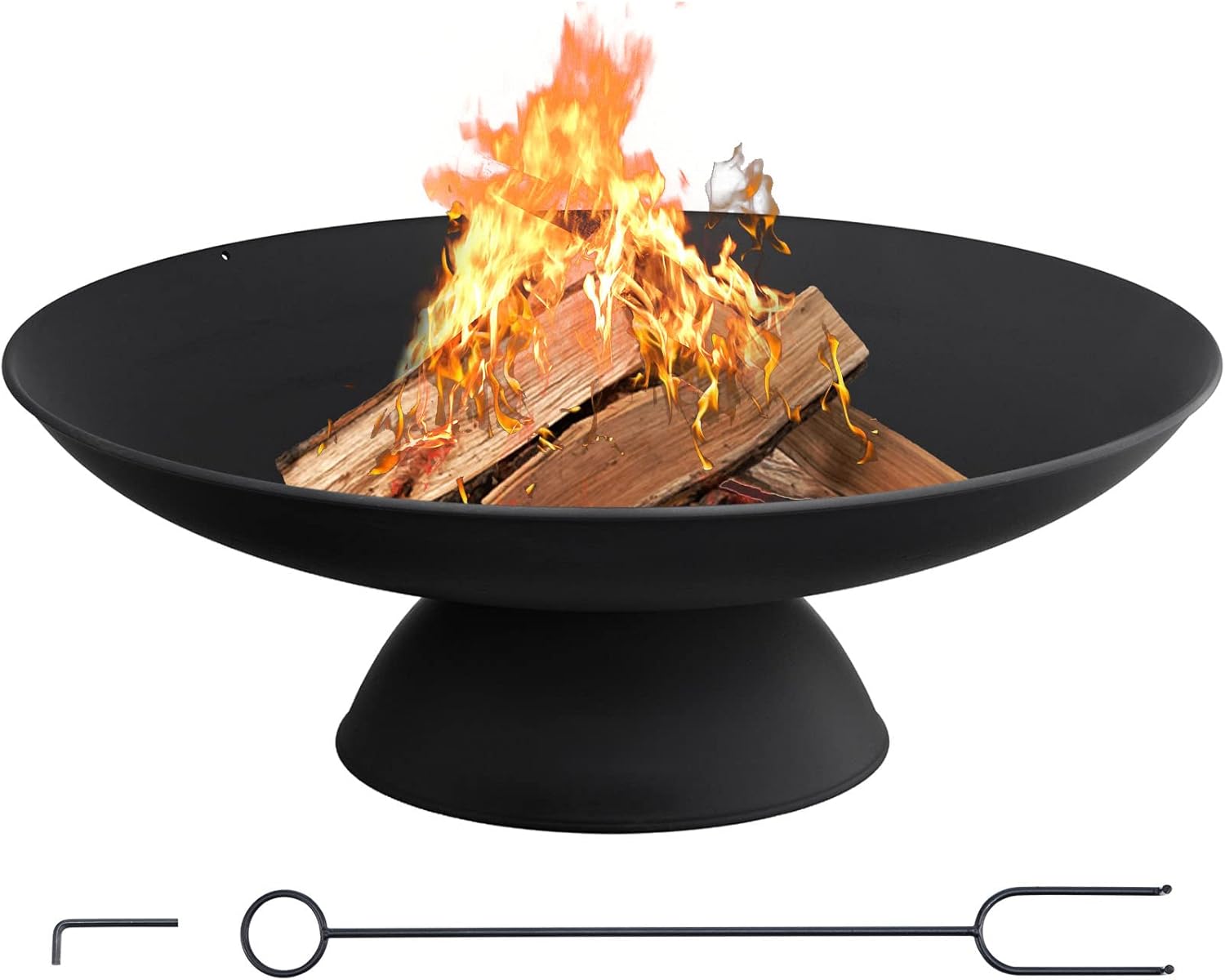 VEVOR Fire Pit Bowl, 30-Inch Deep Round Cast Iron Fire Bowl, Wood Burning for Outdoor Patios, Backyards & Camping Uses, with A Stable Bowl Designed Base and A Firewood Stick, Black
