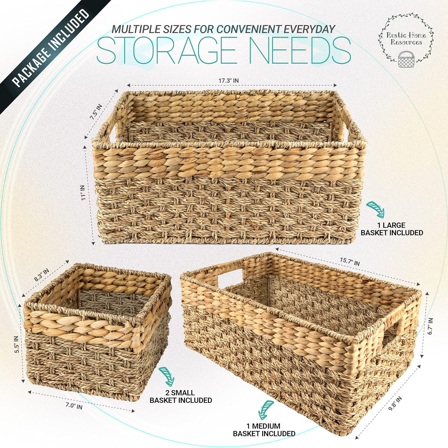 Rustic Home Resources Storage Basket Wicker Baskets for Organizing. Set of 4 Woven Basket - 1x Large Basket, 1x Medium Decorative Basket and 2x Small Basket. Rustic, Hyacinth and Seagrass Baskets, Rectangular Baskets with Handles Pack of 2
