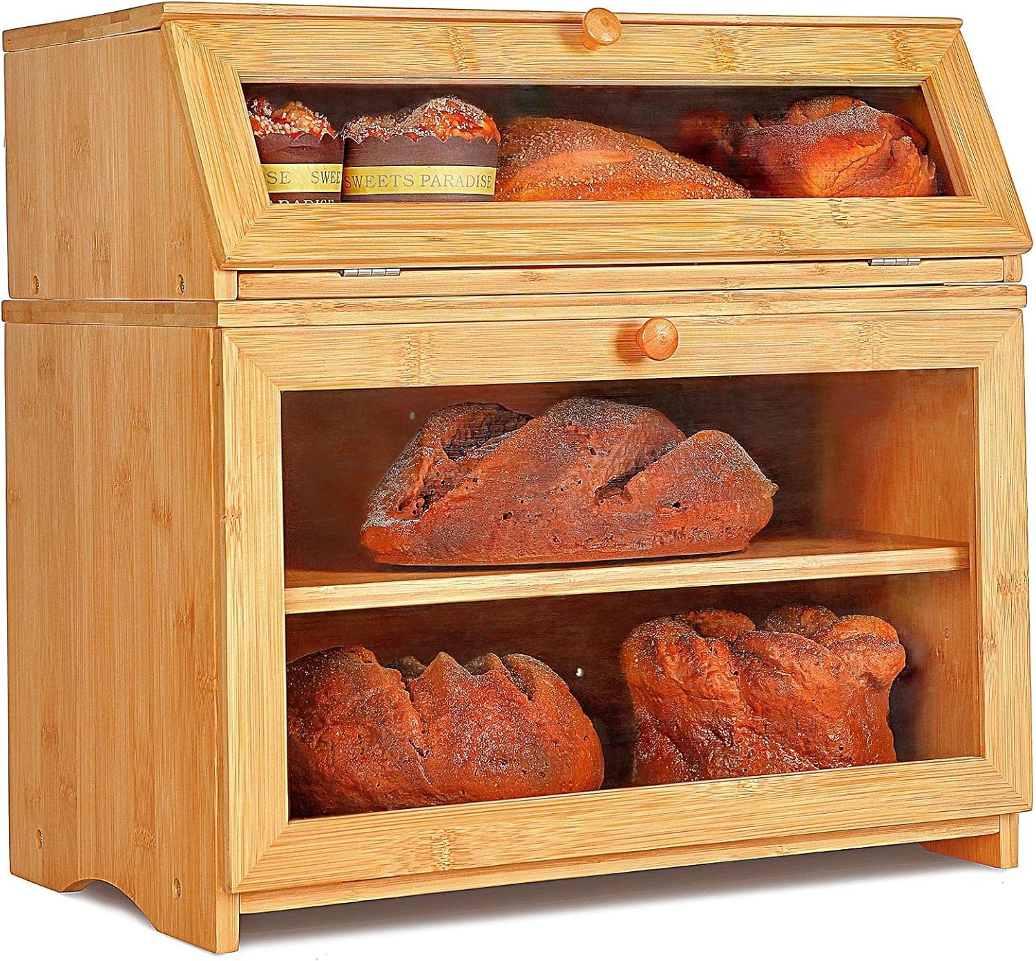 Enjahomx Large 3 Layer Bread Box for Kitchen Countertop - Bamboo Breadbox with Clear Window and Adjustable Shelf - Farmhouse Style Bread Storage Bin Holder (Self-Assembly) Pack of 2