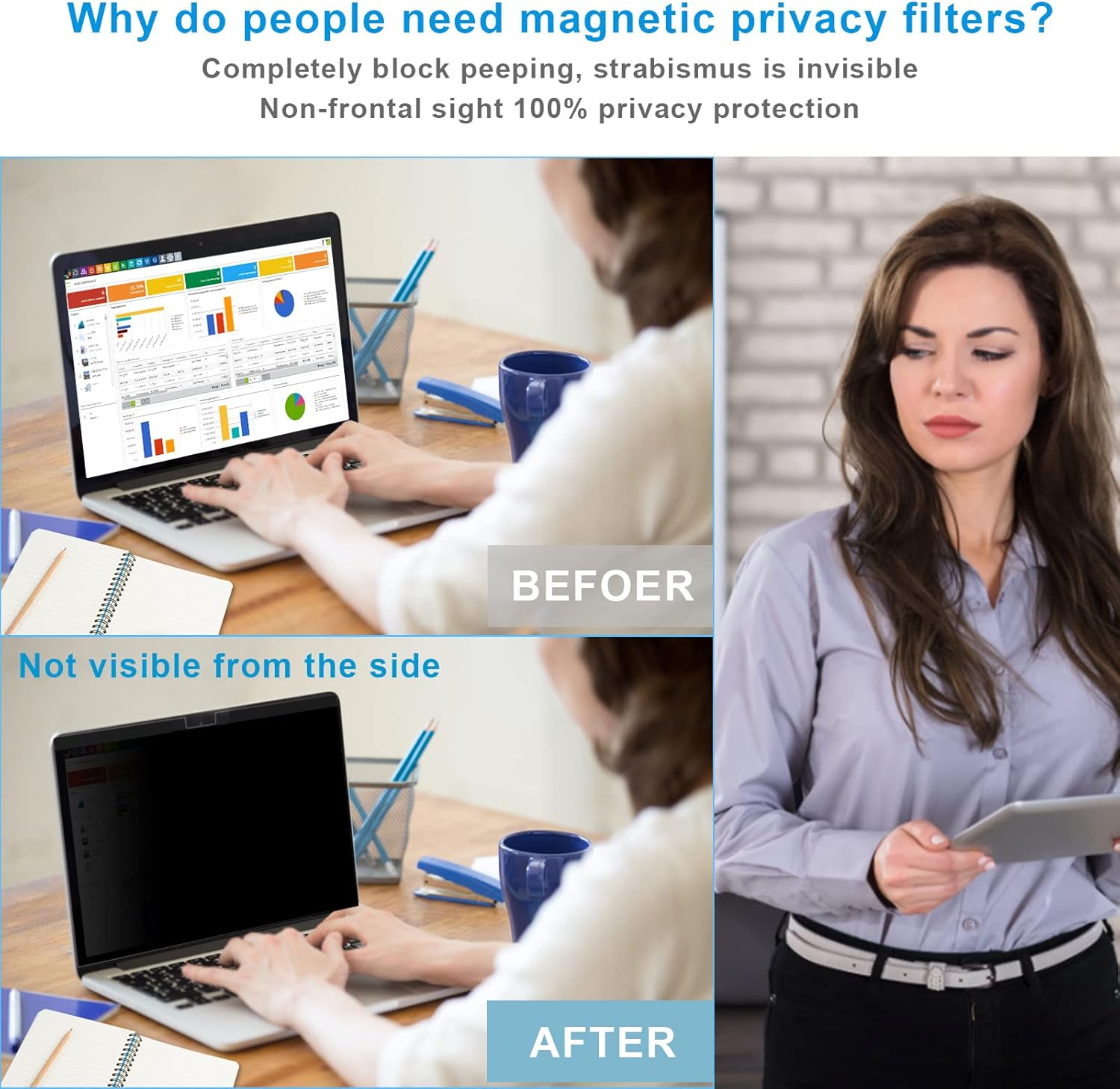 15.6 Inch Laptop Privacy Screen, 16:9 Ratio Privacy Screen Protector with Anti-Blue Light and UV Protection Privacy Screen Filter - Protect Your Private Information at Work or in Public Pack of 2