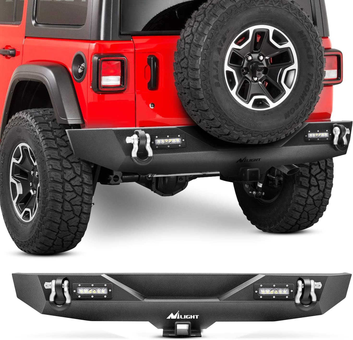 Nilight Rear Bumper Compatible for 2018 2019 2020 2021 2022 Jeep Wrangler JL Rock Crawler Bumper with Hitch Receiver & 2X Upgraded 18W LED Lights Off Road Textured Black,2 Years Warranty