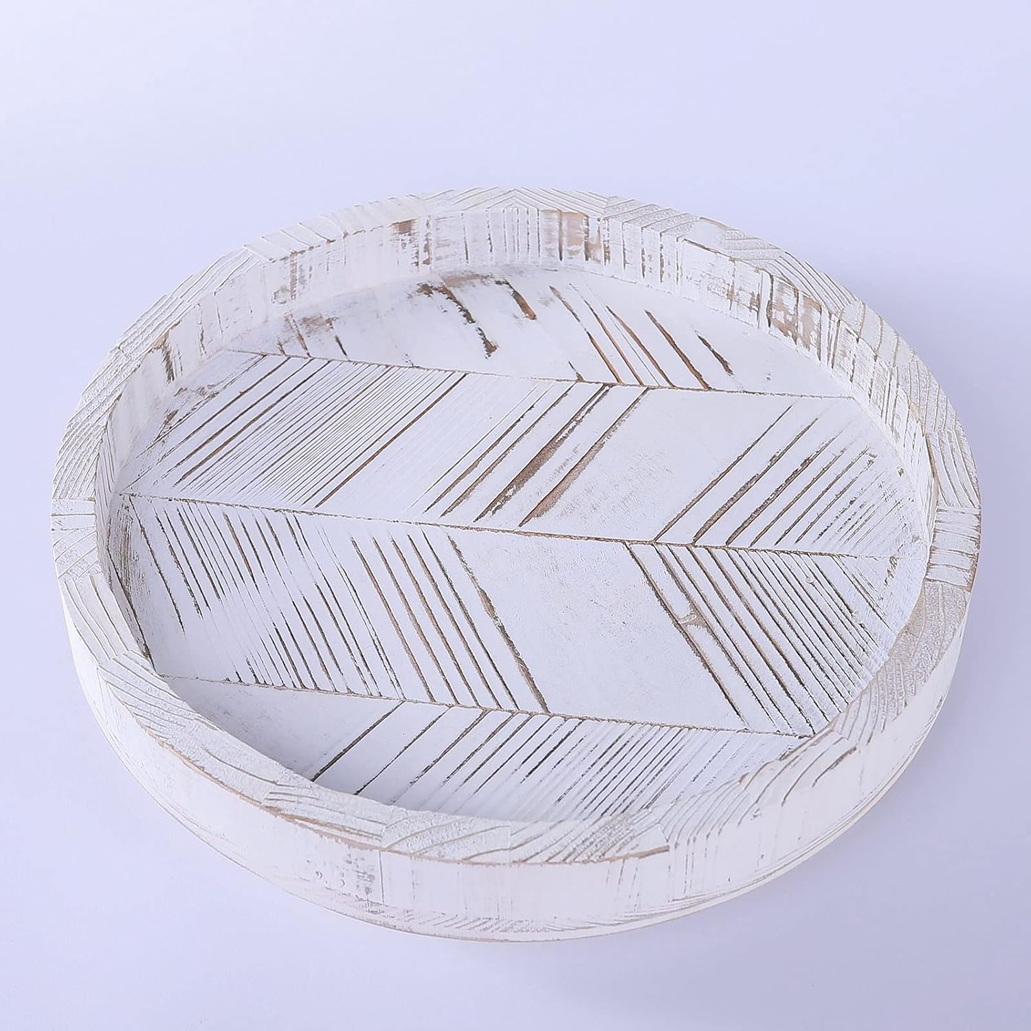 AFINSEA Rustic Wooden Lazy Susan Turntable for Cabinet 12inch Distressed Wood Round Tray Counter Top Organizer Farmhouse Coffee Bar Kitchen Dining Room Home Decor(Round White) Pack of 2