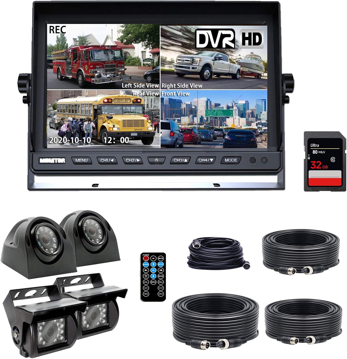Backup Camera System, DOUXURY 4 Split Screen 9'' Quad View Display HD 1080P Monitor with DVR Recording Function, IP69 Waterproof Night Vision Camera x 4 for Truck Trailer Heavy Box Truck RV Camper Bus