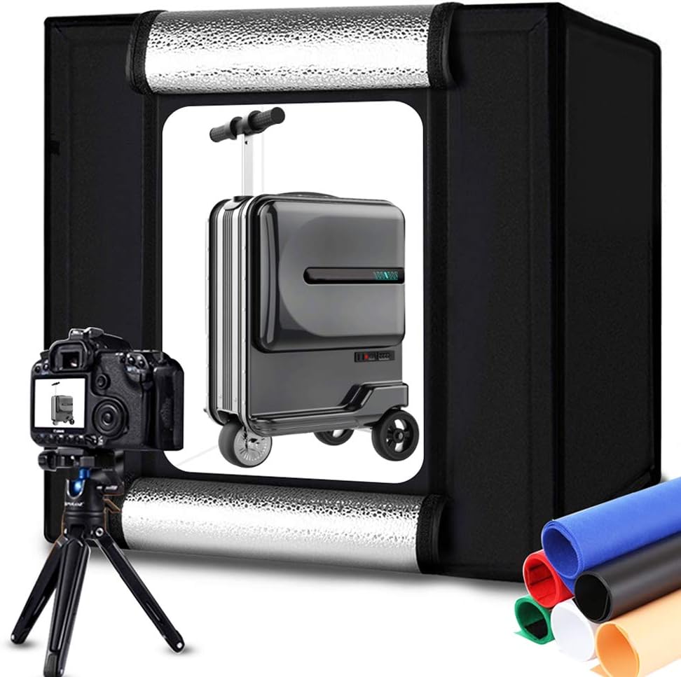 Portable Photo Studio Box 24x24in/60cm, Adjusatable Light Box with 120pcs SMD LED Beads, Photo Shooting Tent with White Light Warm Light and 6 Color Background