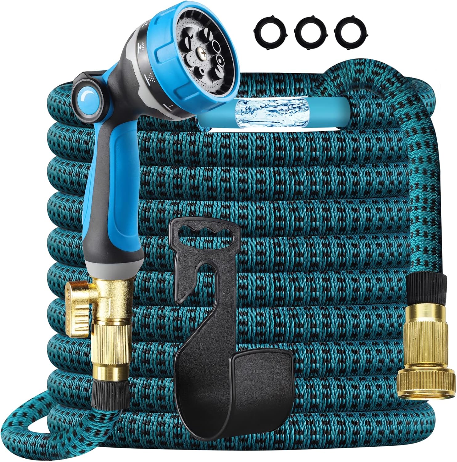 Gardguard 100ft expandable garden hose With 10 Function Nozzle Expanding water hose Leak Proof retractable garden hose With Solid Fittings 3-Layers Latex (100ft Blue) Pack of 2