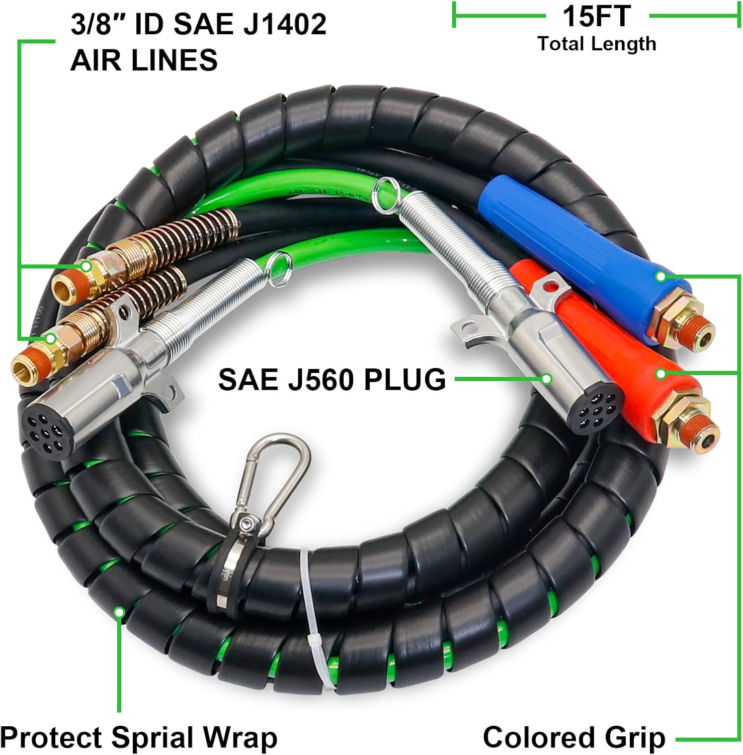 Dazakoot 15 Ft 3 in 1 ABS & Rubber Power Air Line Hose Assembly Wrap 7 Way Electrical Cord Cable with Handle Grip for Semi Truck Trailer Tractor