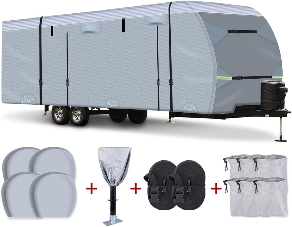 Travel Trailer Cover RV Cover Fits 31.7-34 ft Waterproof 600D Oxford Top and 210D Oxford Side with 4 Tire Covers Trailer Jack Cover 2 Windproof Straps (Fits ：31.7-34ft, Gray)