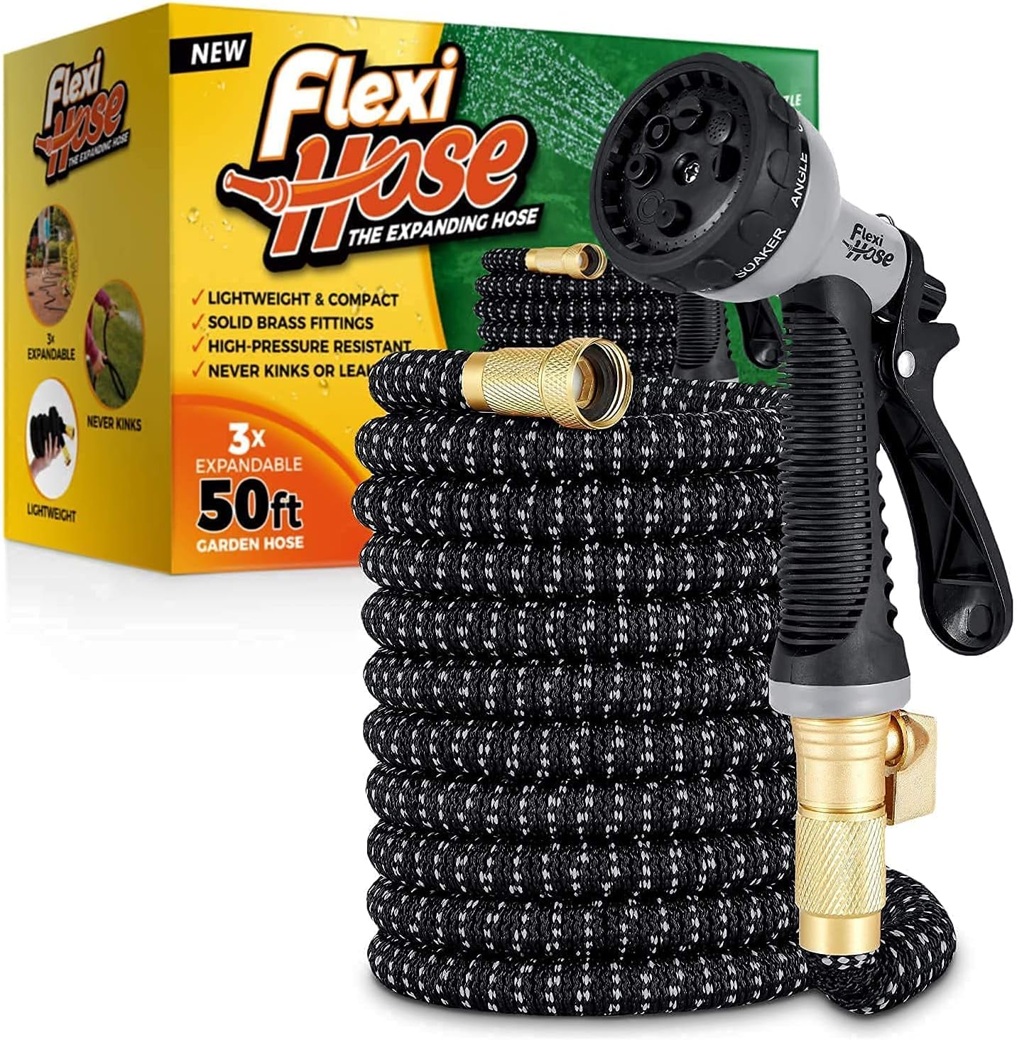 MULTIPLE COLORS - Flexi Hose with 8 Function Nozzle Expandable Garden Hose, Lightweight & No-Kink Flexible Garden Hose, 3/4 inch Solid Brass Fittings and Double Latex Core, 100 Ft Green Black Pack of 2