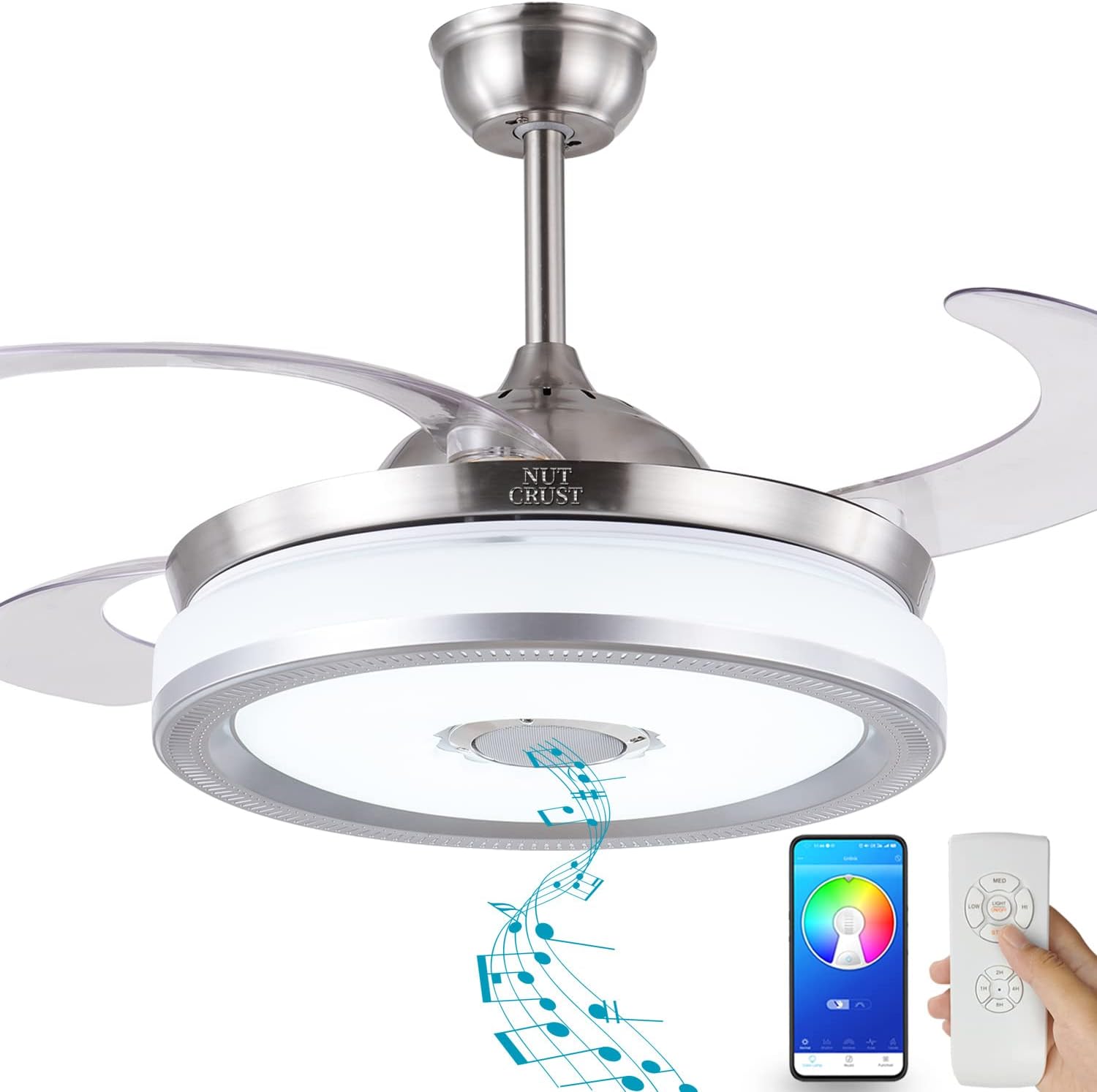 NUTCRUST Retractable Ceiling Fan with Light and Bluetooth Speaker, 7 Colors Change Bluetooth Speaker Music Player Modern Ceiling Fan Chandelier with Remote Control 36W LED Replaceable Panel (42 inch)