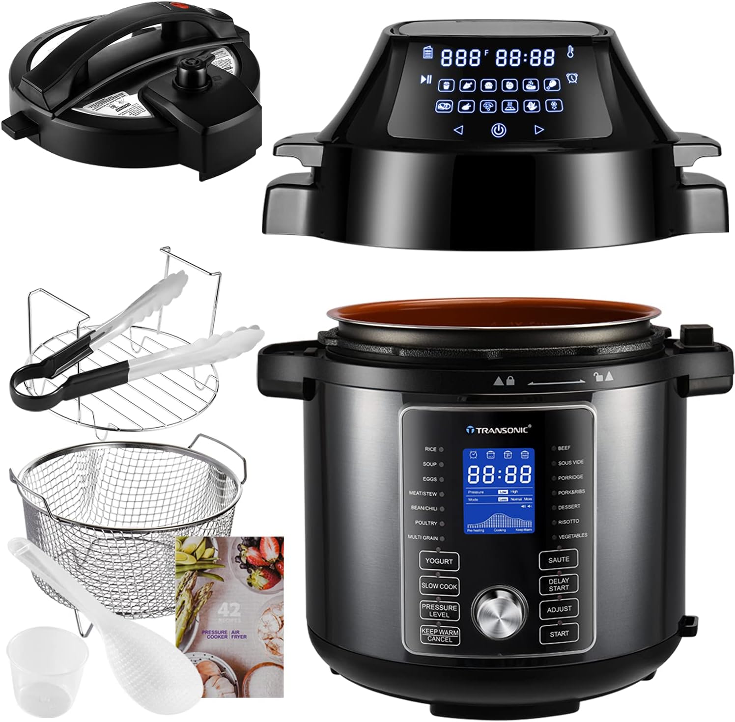 Transonic OPA160 Pressure Cooker Air Fryer Combo, 6 Quart 1500W Multi Cooker Pressure Cooker Air Fryer, All in 1 Pressure Cooker with Air Fryer Lid, Large LED Display, Black Metallic