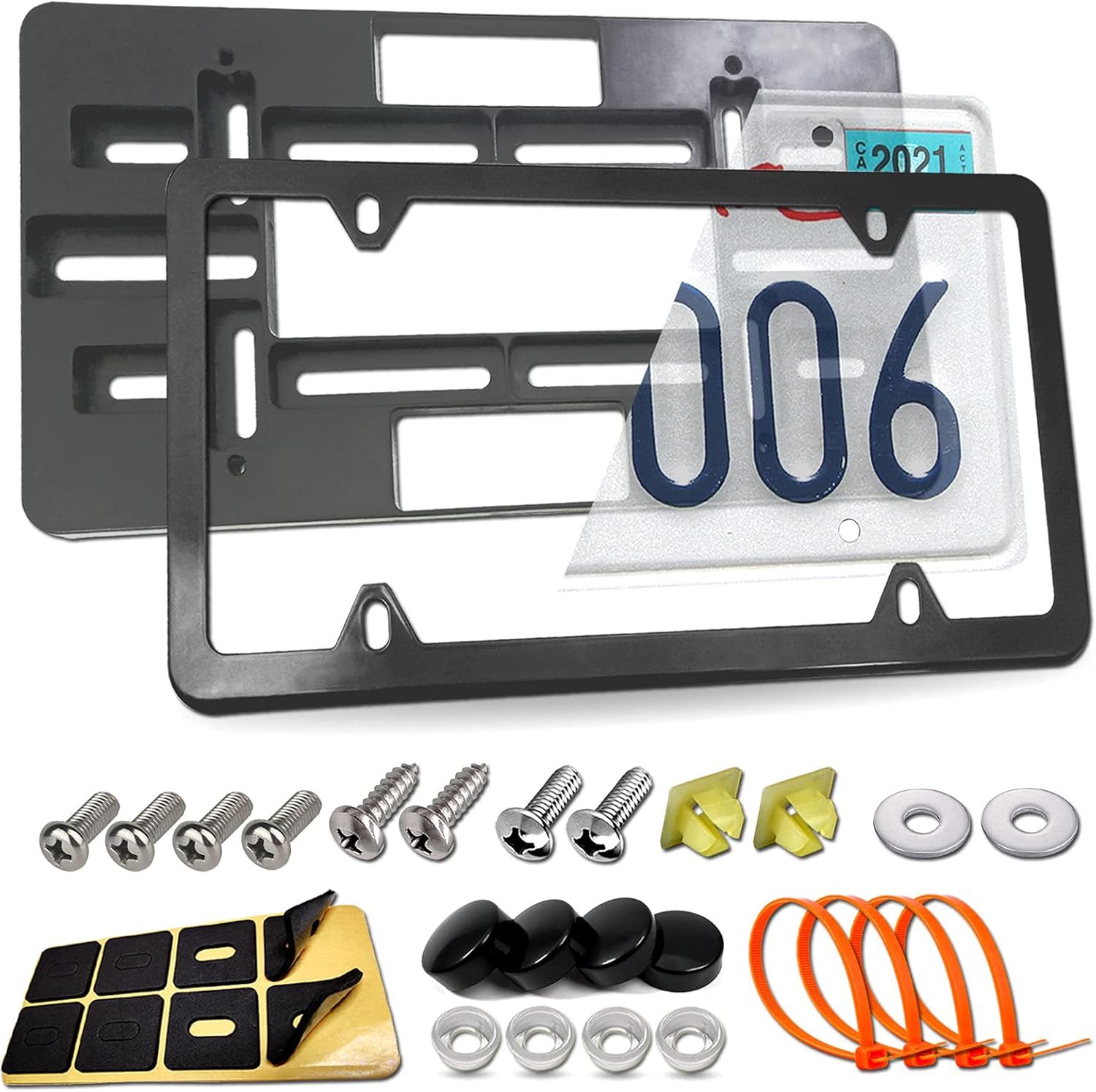 Front License Plate Mounting Kit- Universal License Plate Bracket Holder & Black Aluminum Car Tag Frame for 2 Drill Hole Front Bumper, Matte Relocator Adapter with Screws Caps