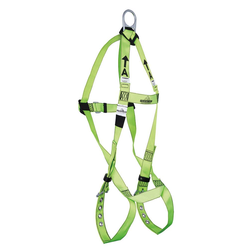 PeakWorks Compliance Series Roofing Fall Protection Full Body Safety Harness, 3 Point System with Fall Indicator, Back D-Ring, Class A - Fall Arrest, Hi Vis Green, Universal Fit, V8001200