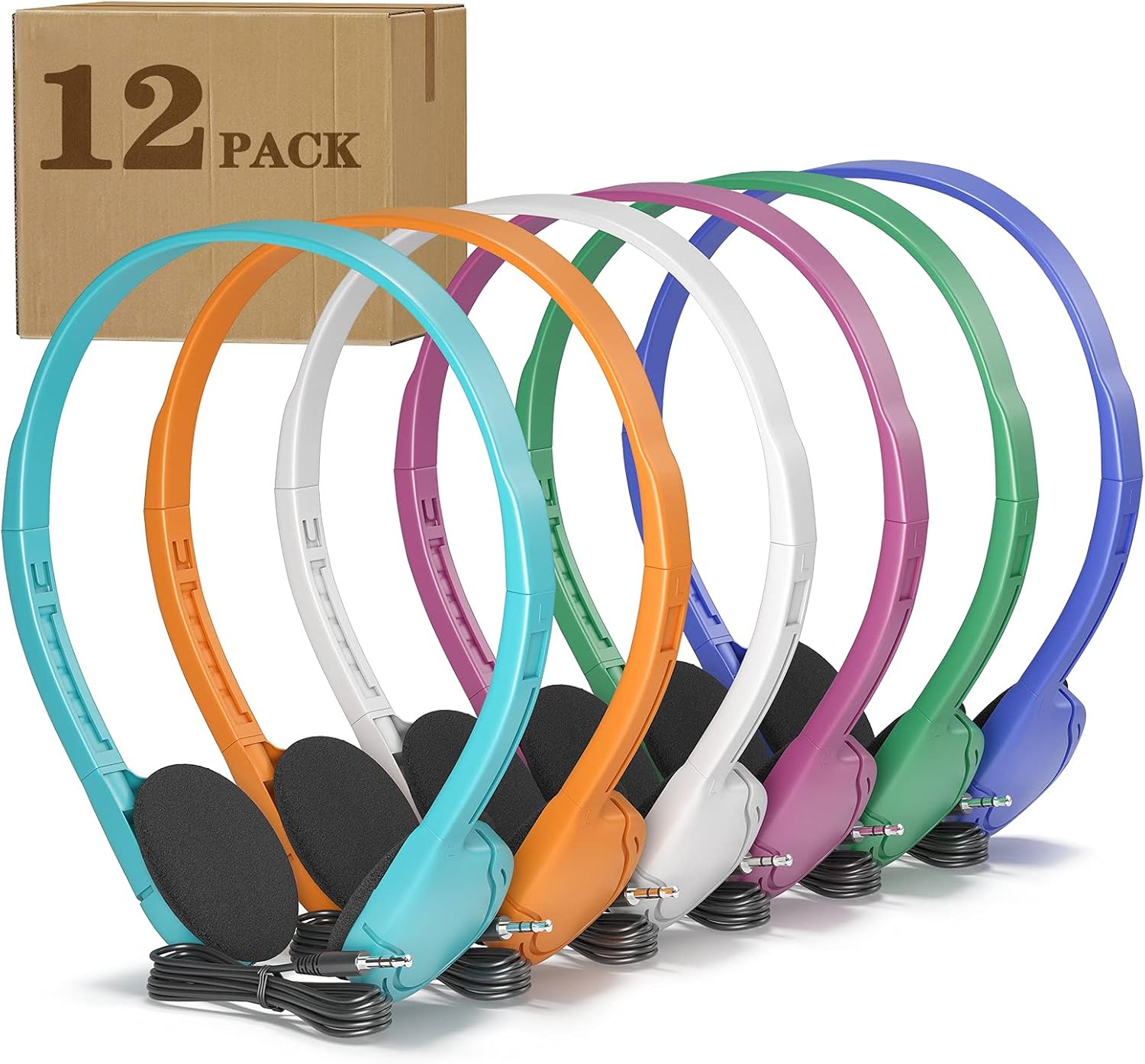 School Headphones 12 Pack Multi Colors, Keewonda Bulk Wired Disposable Kids Headphones for Classroom Students Individual Package