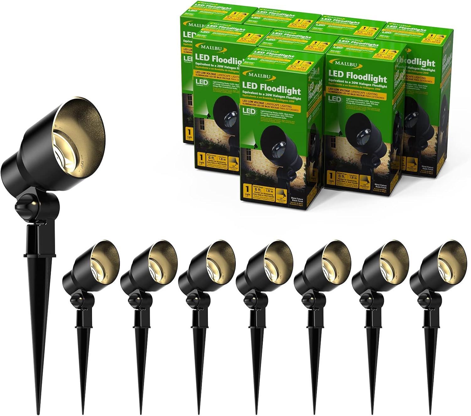 Malibu Low Voltage Floodlight LED Outdoor Landscape Lighting 6W Garden Light for Patio Yard (8 Pack)