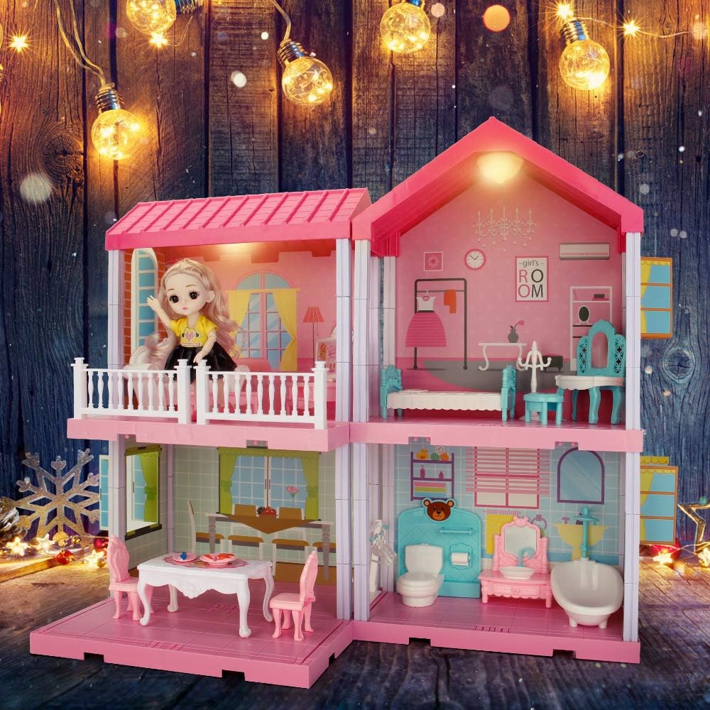 Dreamhouse Dollhouse Building Toys, Playset with Lights, Movable Slides, stairs, Furniture, Accessories, Dolls and Pets, Cottage Pretend Play House, DIY Creative Gift for Girls Toddlers(11 Rooms)