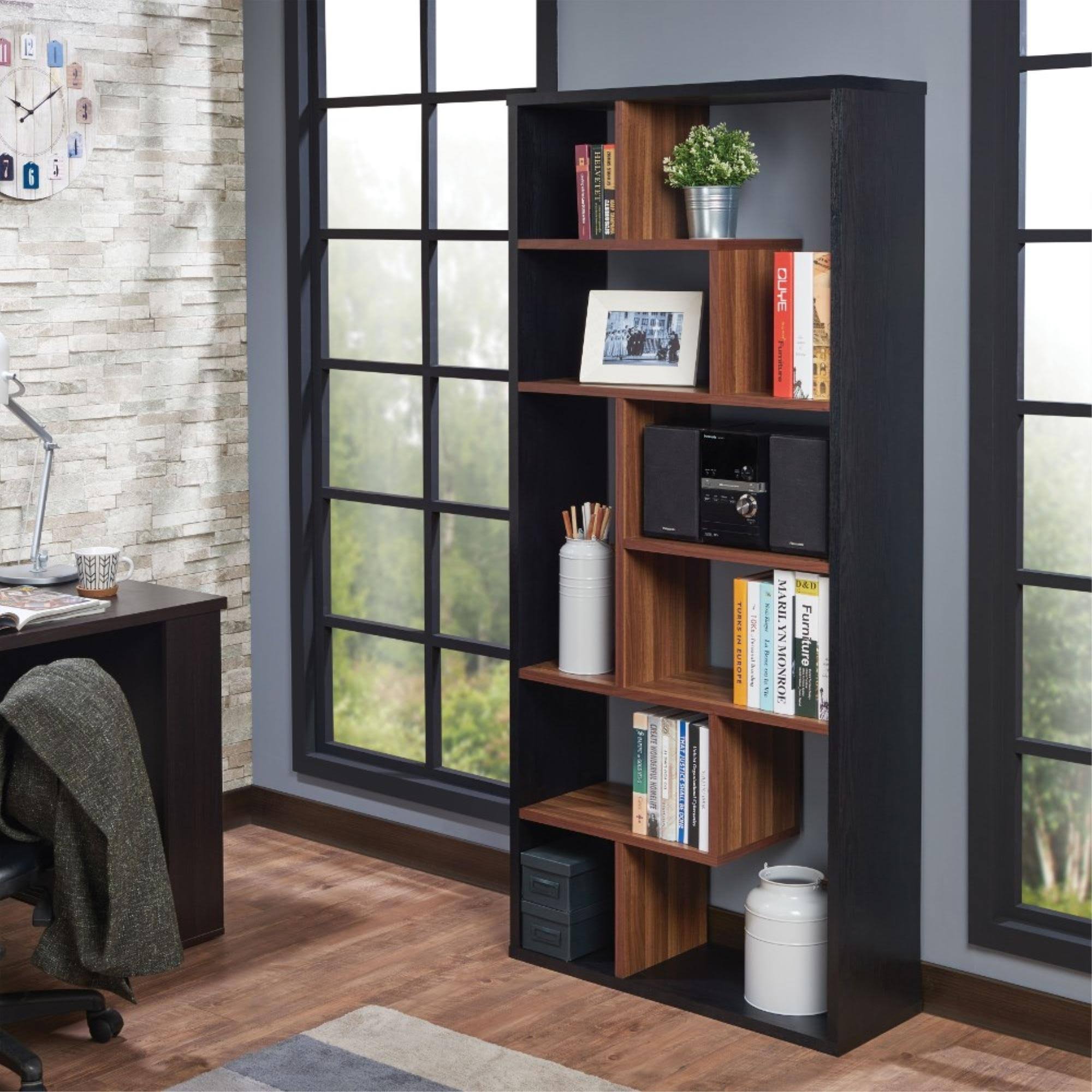 Benzara - Wooden Rectangular Cube Bookcase, Natural Brown u0026 Black