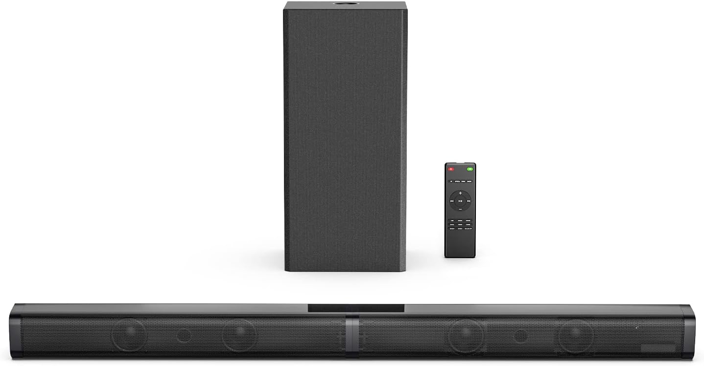 XZJX Direct 2.1 Channel TV Sound Bar with Subwoofer,100W Bars for TV, LED Display Off, 110dB, 5 EQ Modes, Bass Adjustable Surround Sound, Outdoor Bar, 4K & HD Optical/AUX/USB Connection | Black