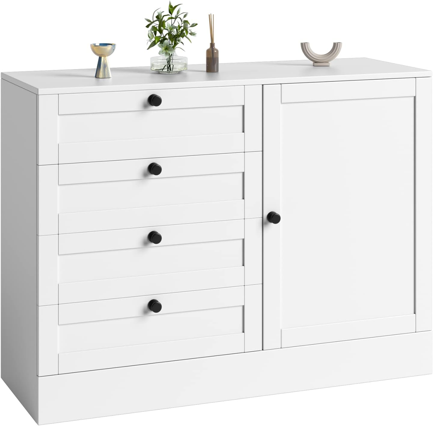 HOSTACK Storage Cabinet with 4 Drawers & 1 Door, Modern Storage Chest Organizer, Floor Kitchen Sideboard Buffet with Shelf for Living Room, Bedroom, Kitchen, White