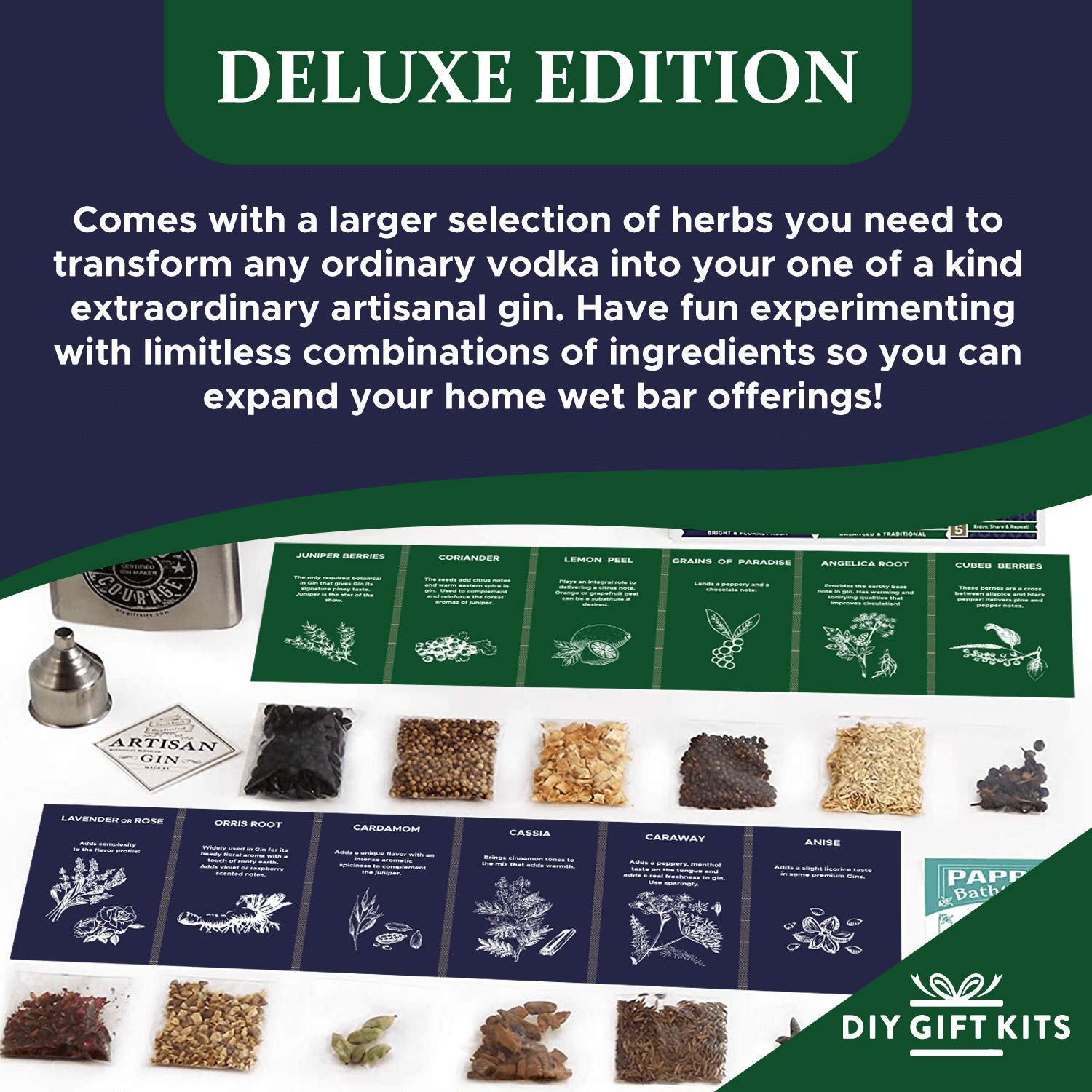 Real Gin Making Kit (Deluxe Edition) w/ Stainless Steel Personalized Flask, For Making Delicious Martinis, Gin and Tonics, Spirits & Cocktails At Home | Botanicals, Recipe Guides, Bottles & Labels & M Pack of 2