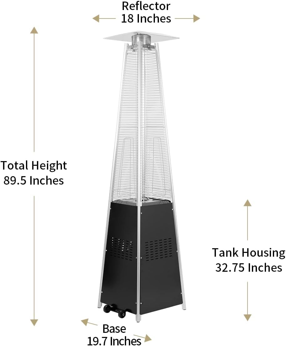 KEZATO Outdoor Pyramid Patio Heater with Cover and Wheels 48000 BTU Glass Tube Propane Heater for Commercial and Residential Use- Black