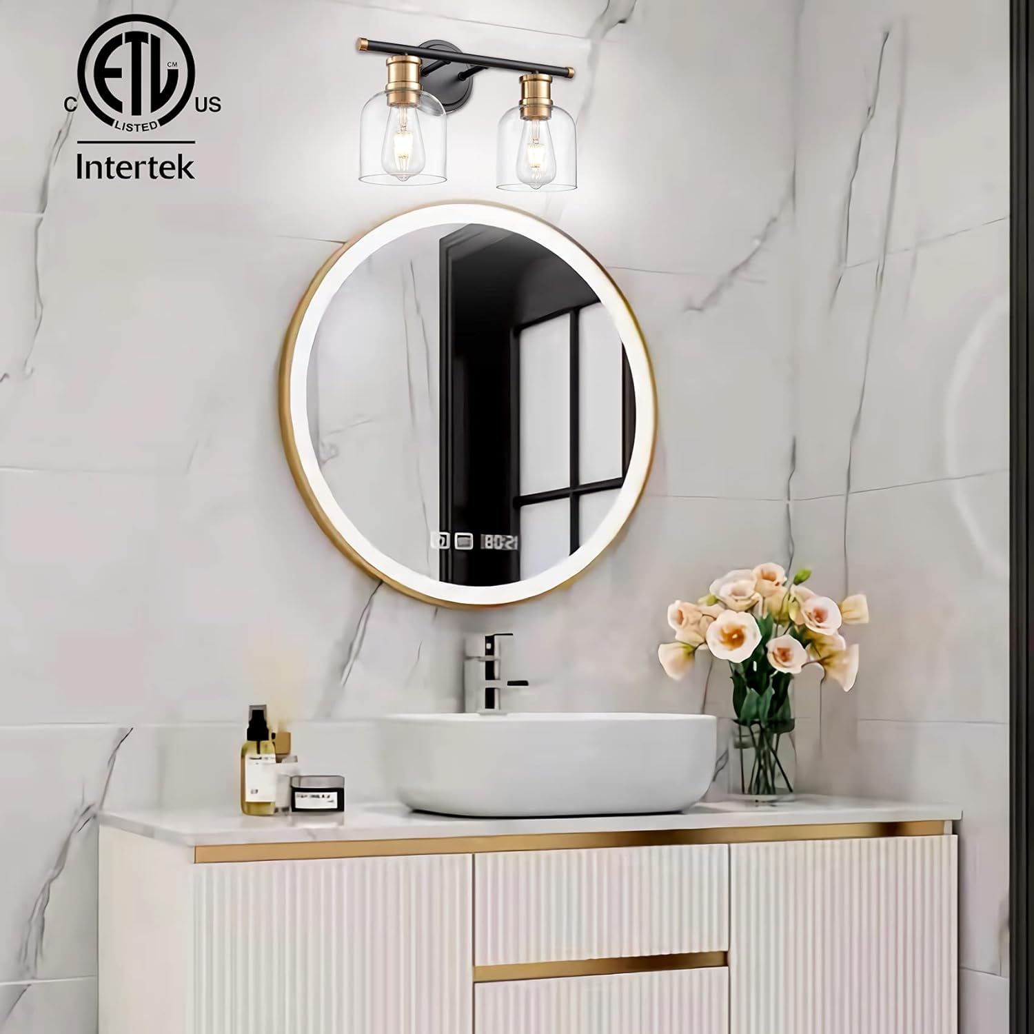 Modern Wall Sconce Lights 2 Lights Matte Black Bathroom Lighting with Clear Glass Shades Antique Brass Vintage Vanity Light Fixtures ETL Listed