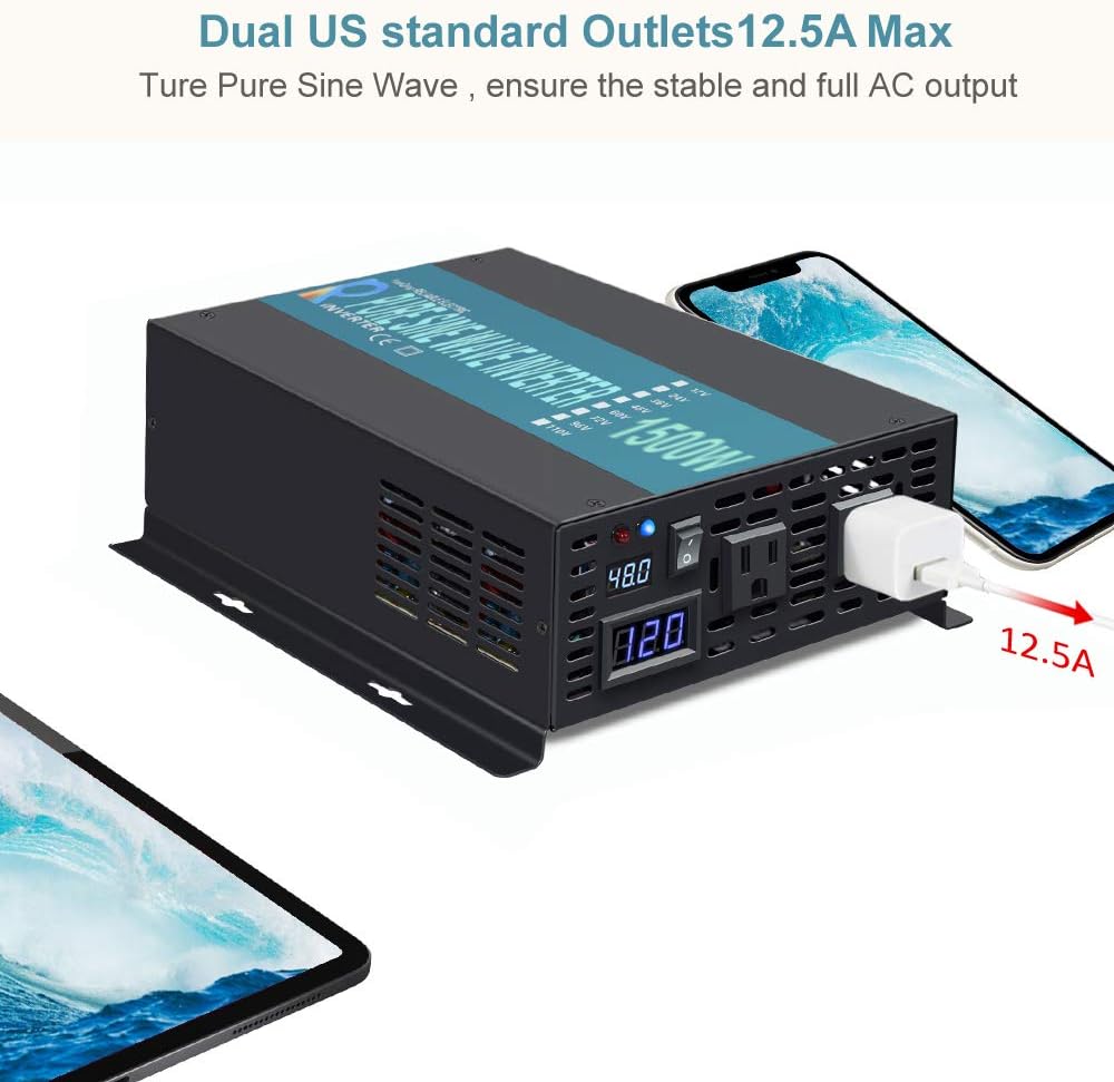 Reliable 1500W Full Power High Frequency Pure Sine Wave Solar Power Inverter Off Grid 48VDC to 120VAC Voltage Converter Home Solar Generator(Black)