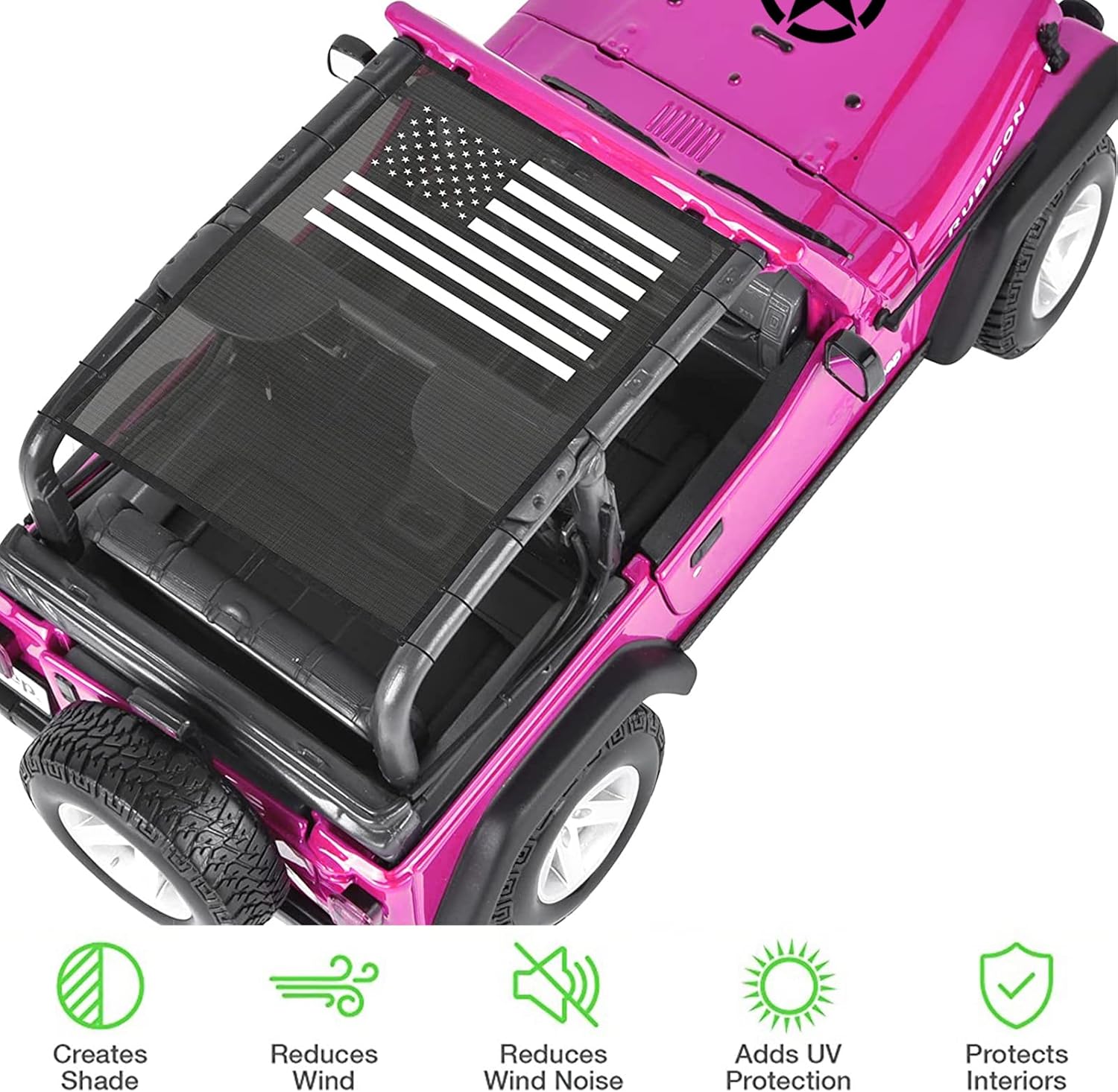 Jeep Wrangler YJ (1987-1995) & Jeep Wrangler TJ (1996-2006) - Full Length Mesh Sunshade for TJ and YJ 2 Doors - Blocks UV, Wind, Noise - Jeep Bikini Top for TJ and YJ (Black and White American Flag)