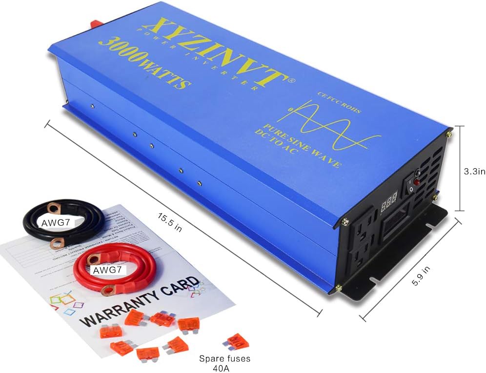 XYZ INVT 3000 watt Pure Sine Wave Power Inverter dc 24v to ac 120v with LED Display and Wireless Remote Controller for RV Car Off-Grid Solar System (3000w 24v RC)