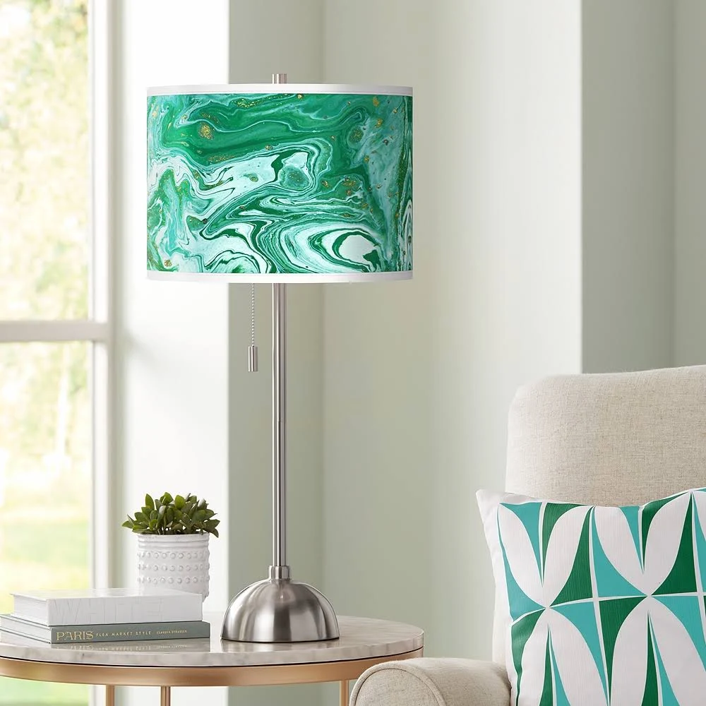 Giclee Glow Malachite Giclee Brushed Nickel Table Lamp, Green