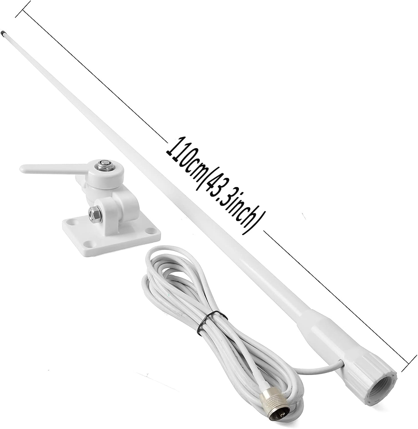 HYS VHF Marine Antenna Waterproof 3DBI 43.3inch Fiberglass Antennas W/22.9ft(7m) RG58 Low Loss Premium Coaxial Cable with PL259/ Built-in to Nylon Ratchet Mount Pack of 2