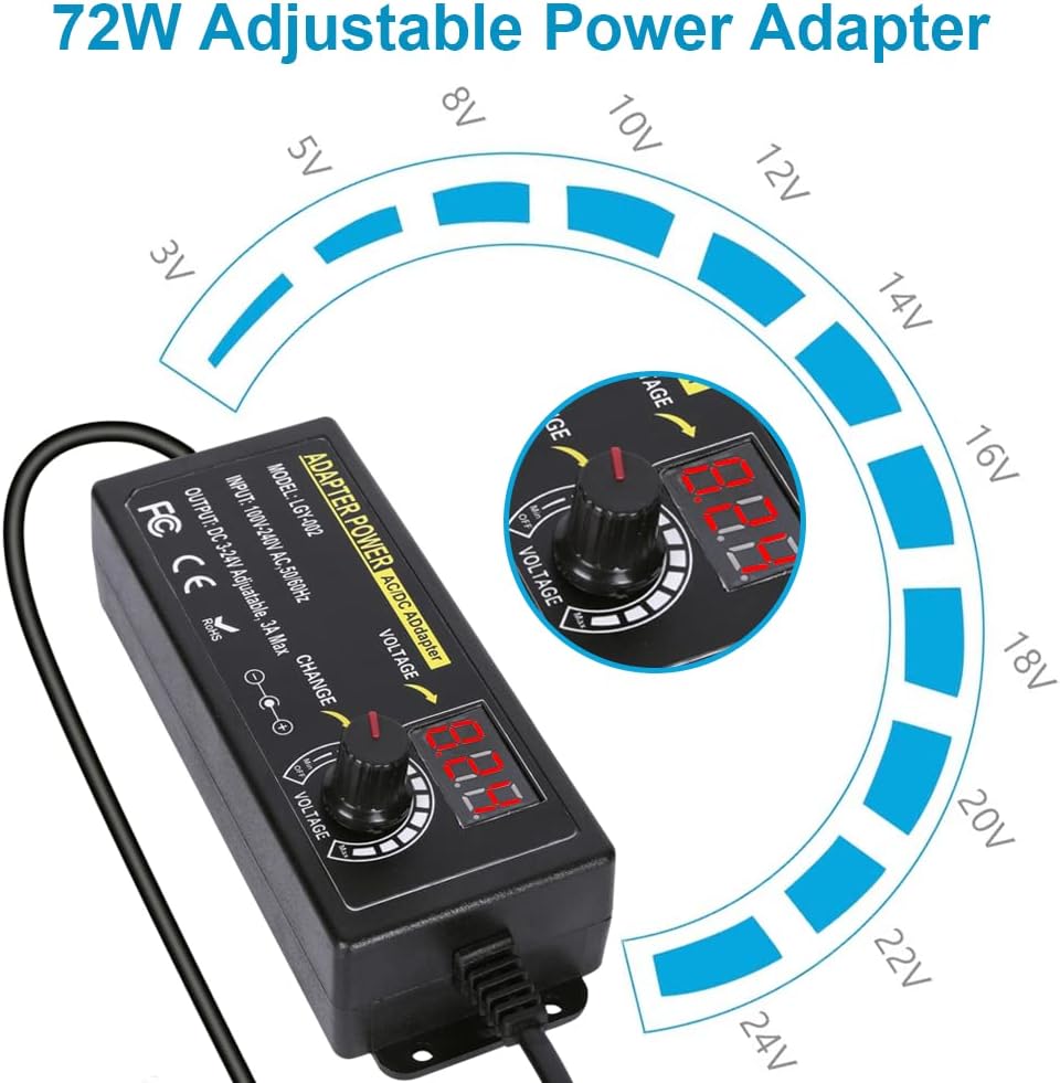 72W Power Supply Adjustable DC 3V ~ 24V Variable Universal Switching AC/DC Adapter 100V-240V AC to DC Converter with LED Voltage Display and 14 Tips, for 3V to 24V Household Electronics - 3000mA Max