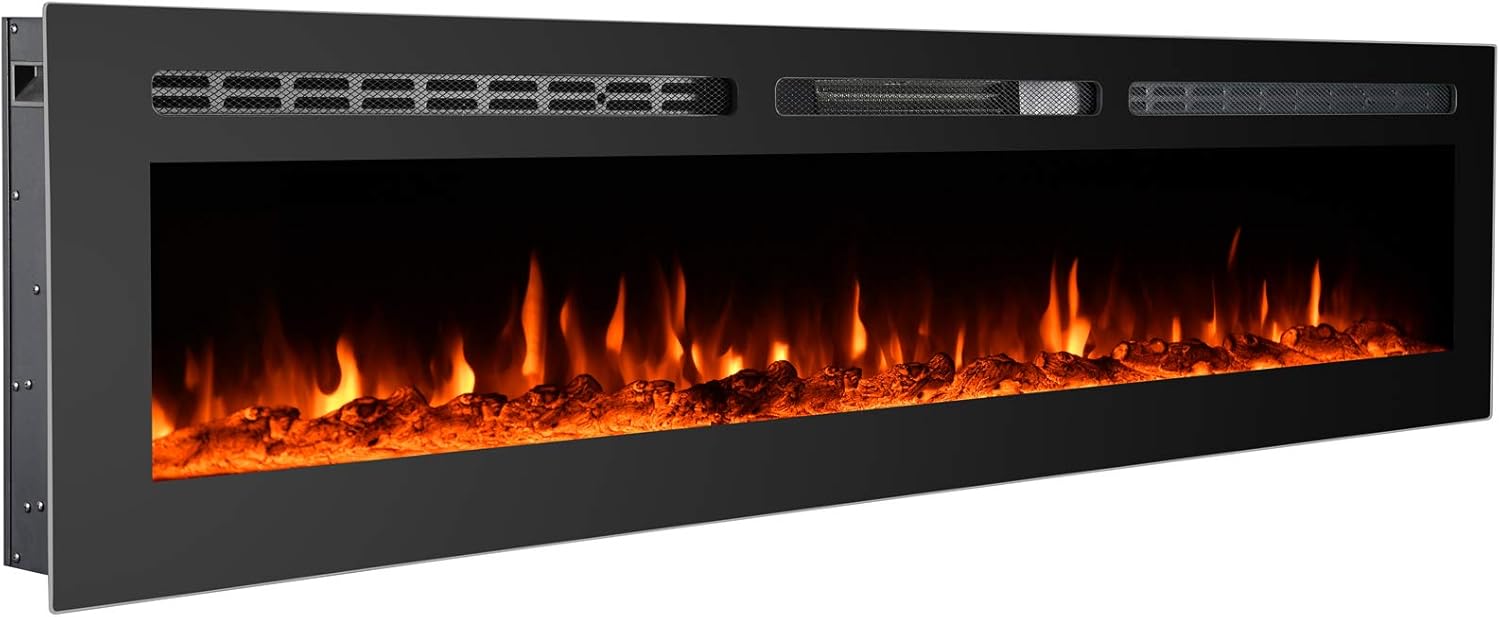 GMHome 70 Inches Wall Recessed Electric Fireplace Wall Mounted in-Wall Built Heater, Log Sets & Crystals, 9 Changeable Colors, with Remote, 1500W Fireplace, Black