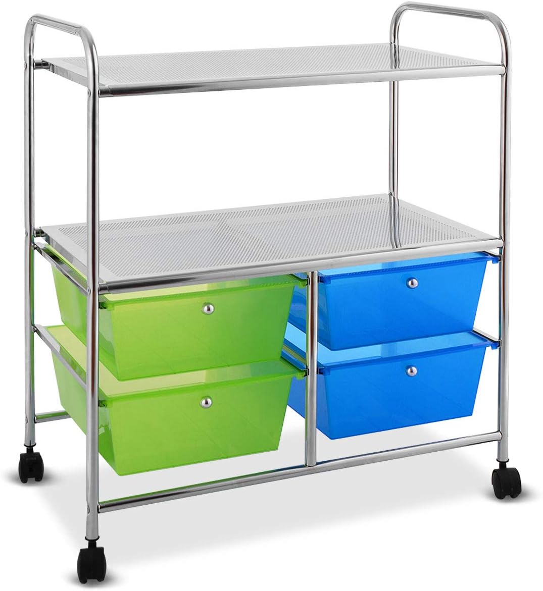 Giantex Rolling Storage Cart w/ 4 Drawers 2 Shelves Metal Rack Shelf Home Office School Beauty Salon Utility Organizer Cart with Wheels (Blue Green Orange & Red)